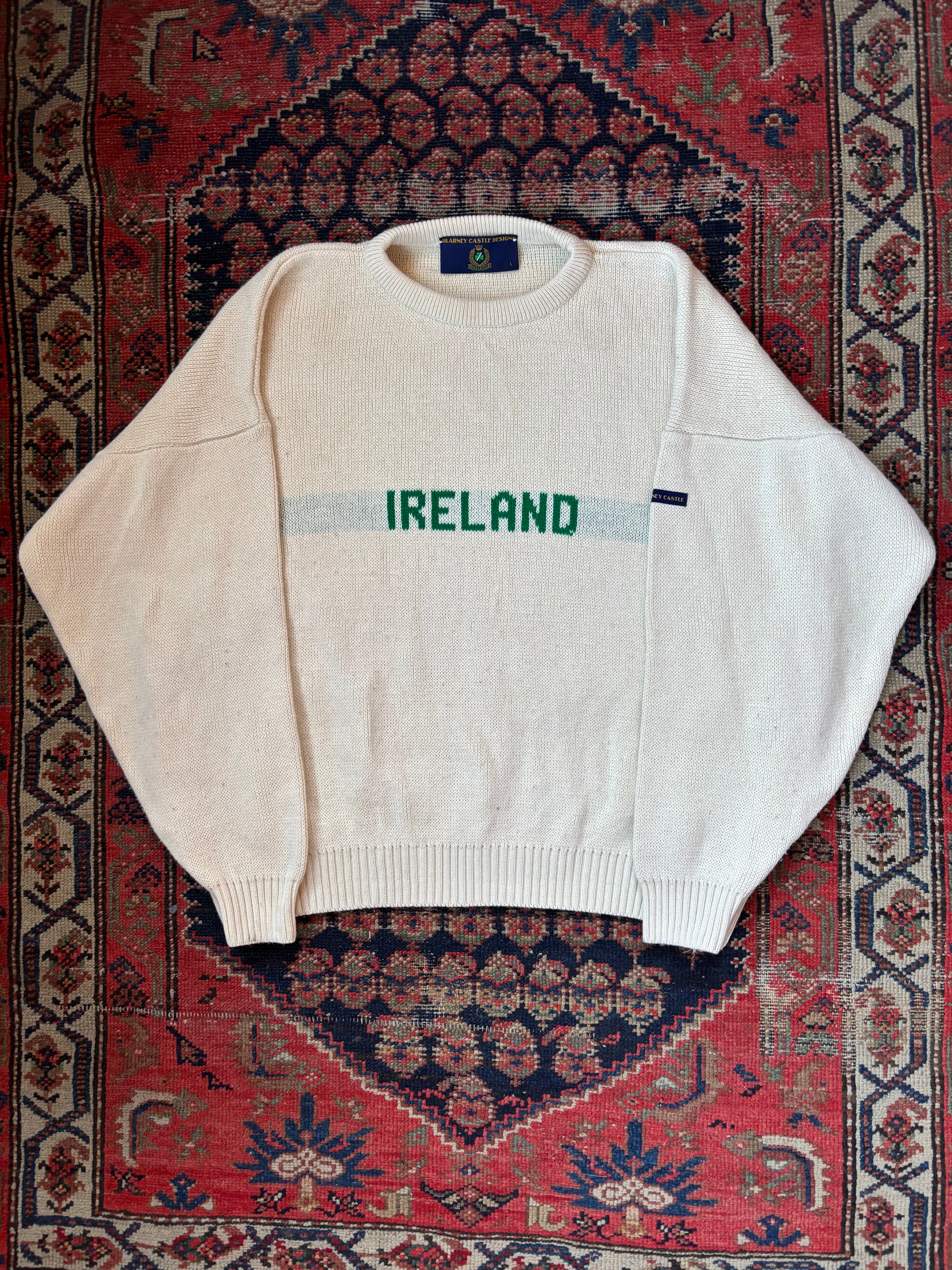 VINTAGE “IRELAND” WHITE KNIT SWEATER SIZE LARGE