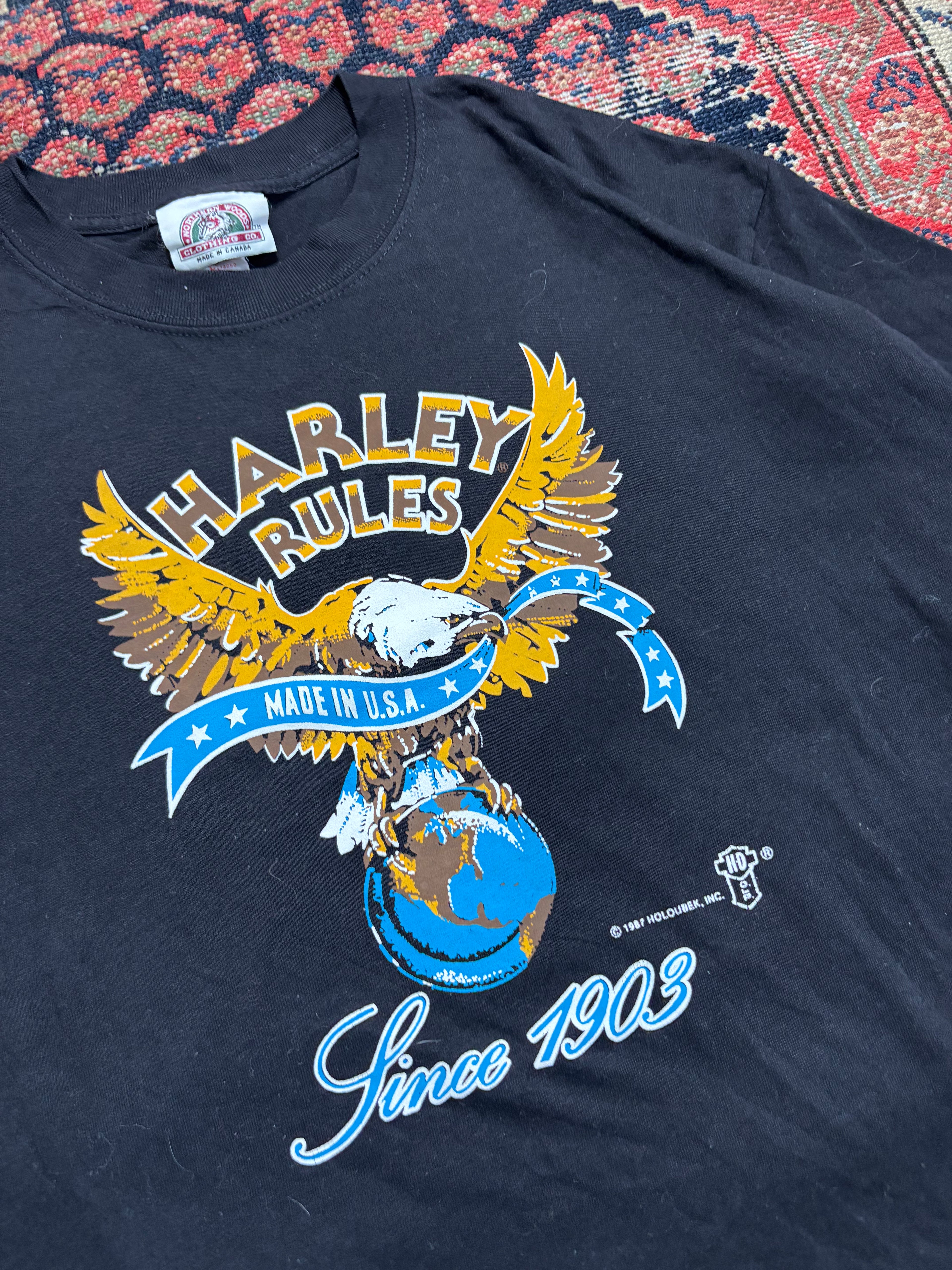 VINTAGE BLACK 1987 HARLEY RULES TEE SIZE LARGE