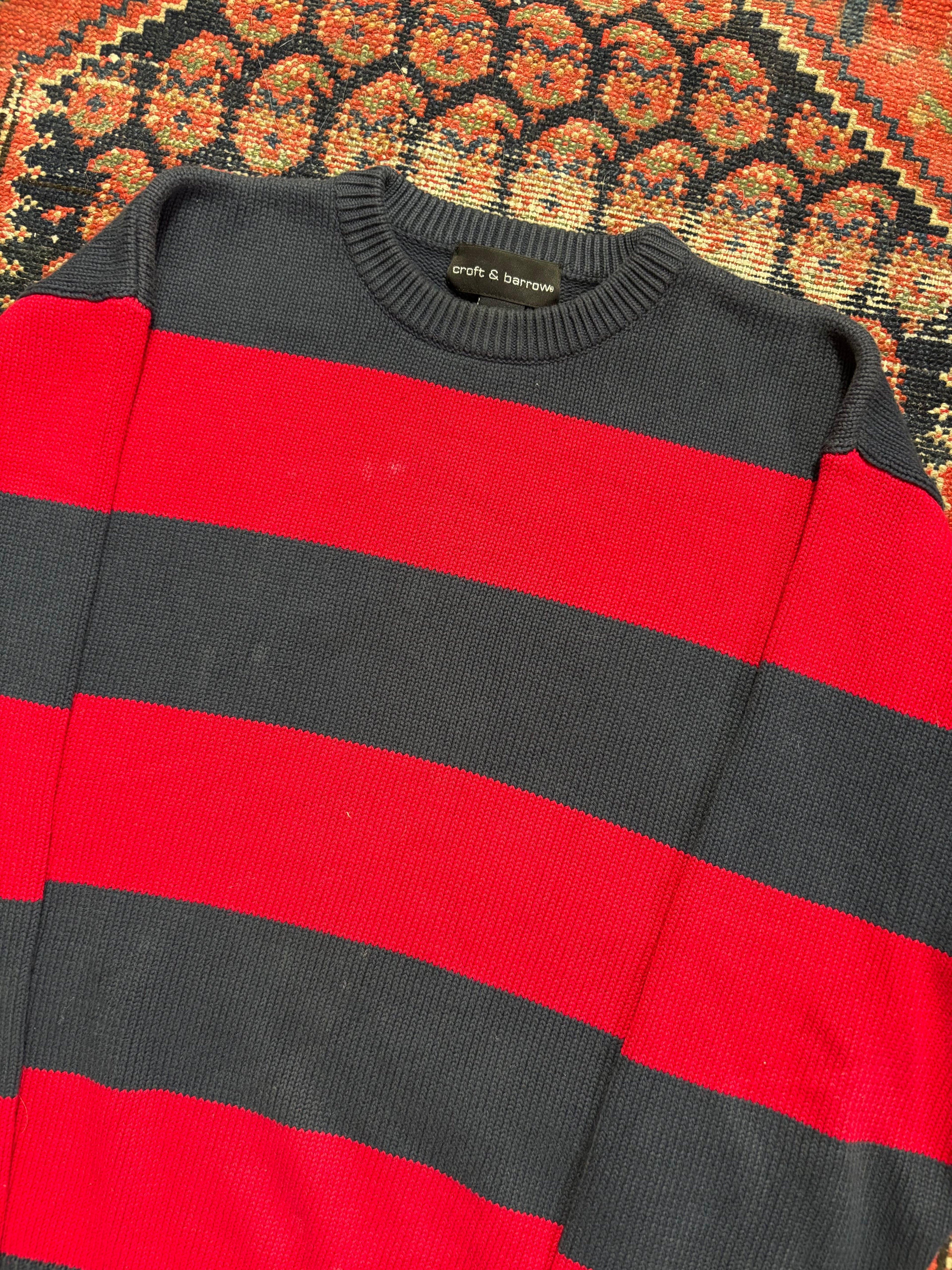VINTAGE RED & NAVY STRIPPED KNIT SWEATER SIZE MEDIUM