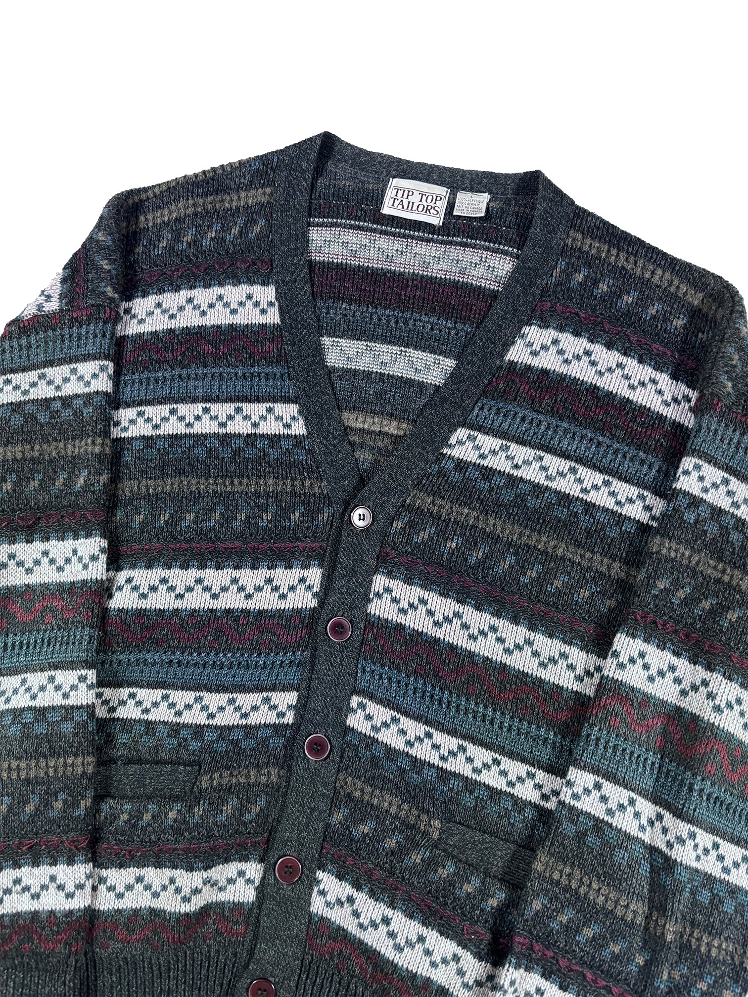 VINTAGE “TIP TOP TAILORS” KNIT PATTERN CARDIGAN SIZE LARGE