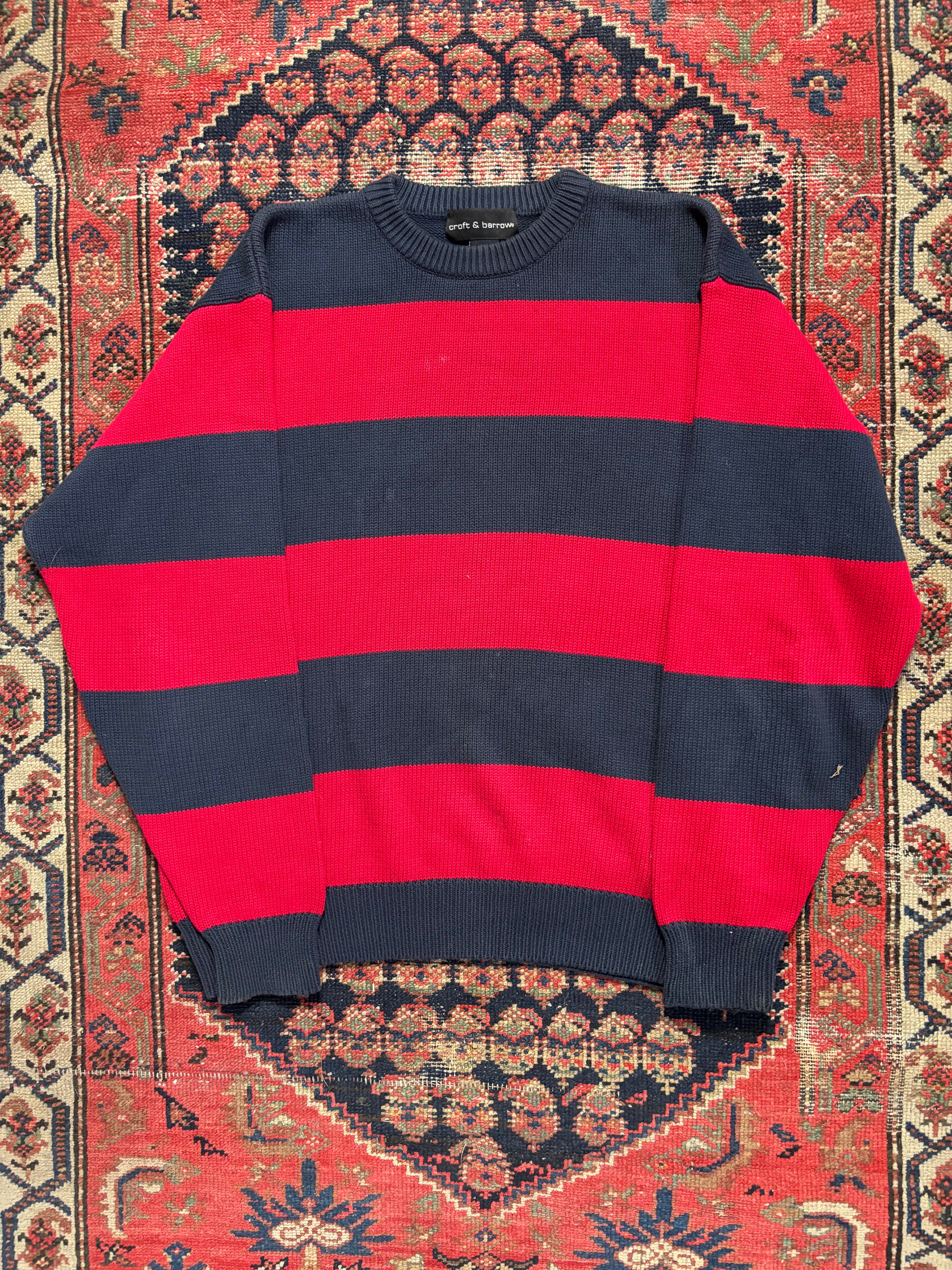 VINTAGE RED & NAVY STRIPPED KNIT SWEATER SIZE MEDIUM