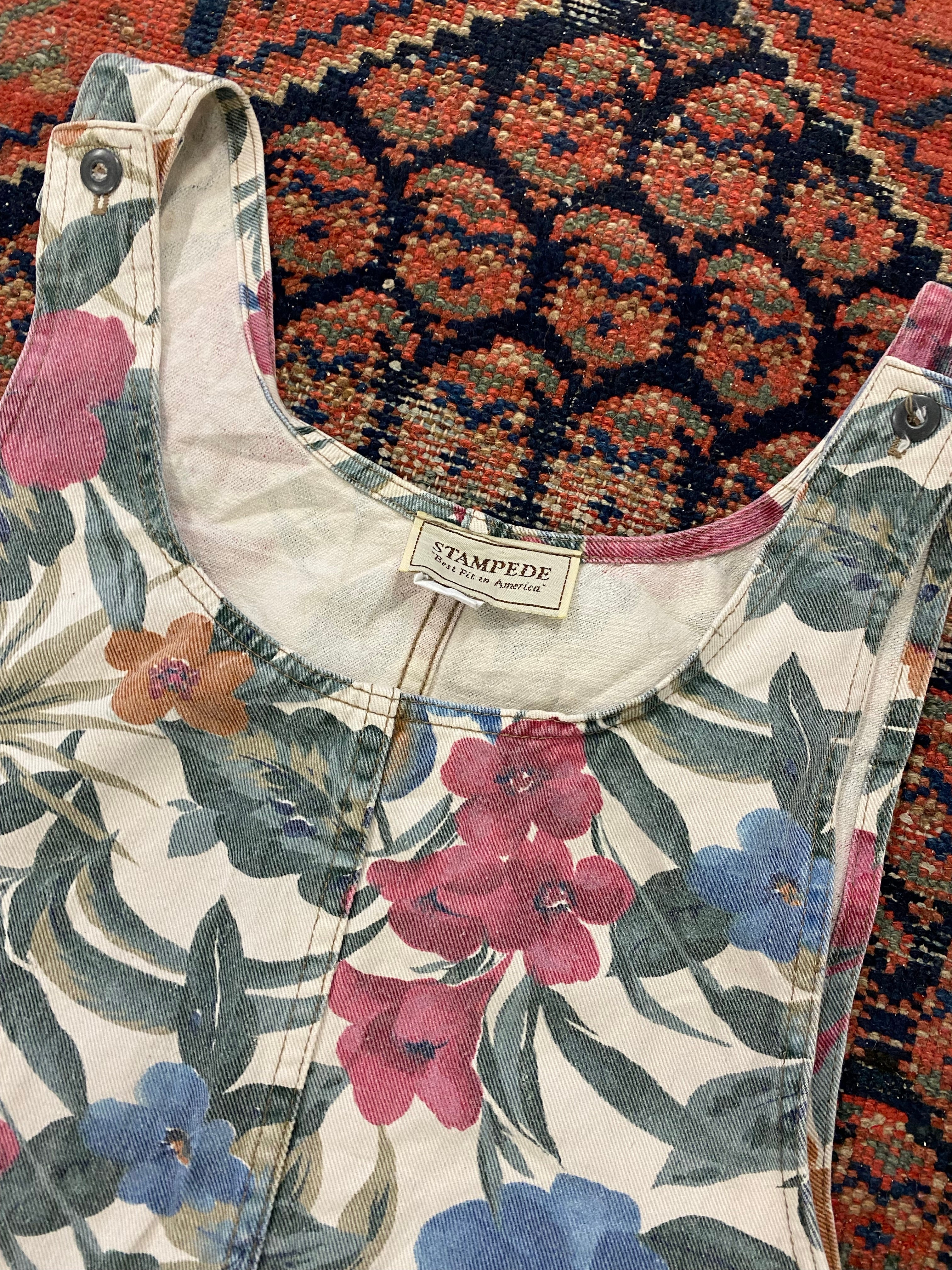 90s White Floral Canvas Dress - M