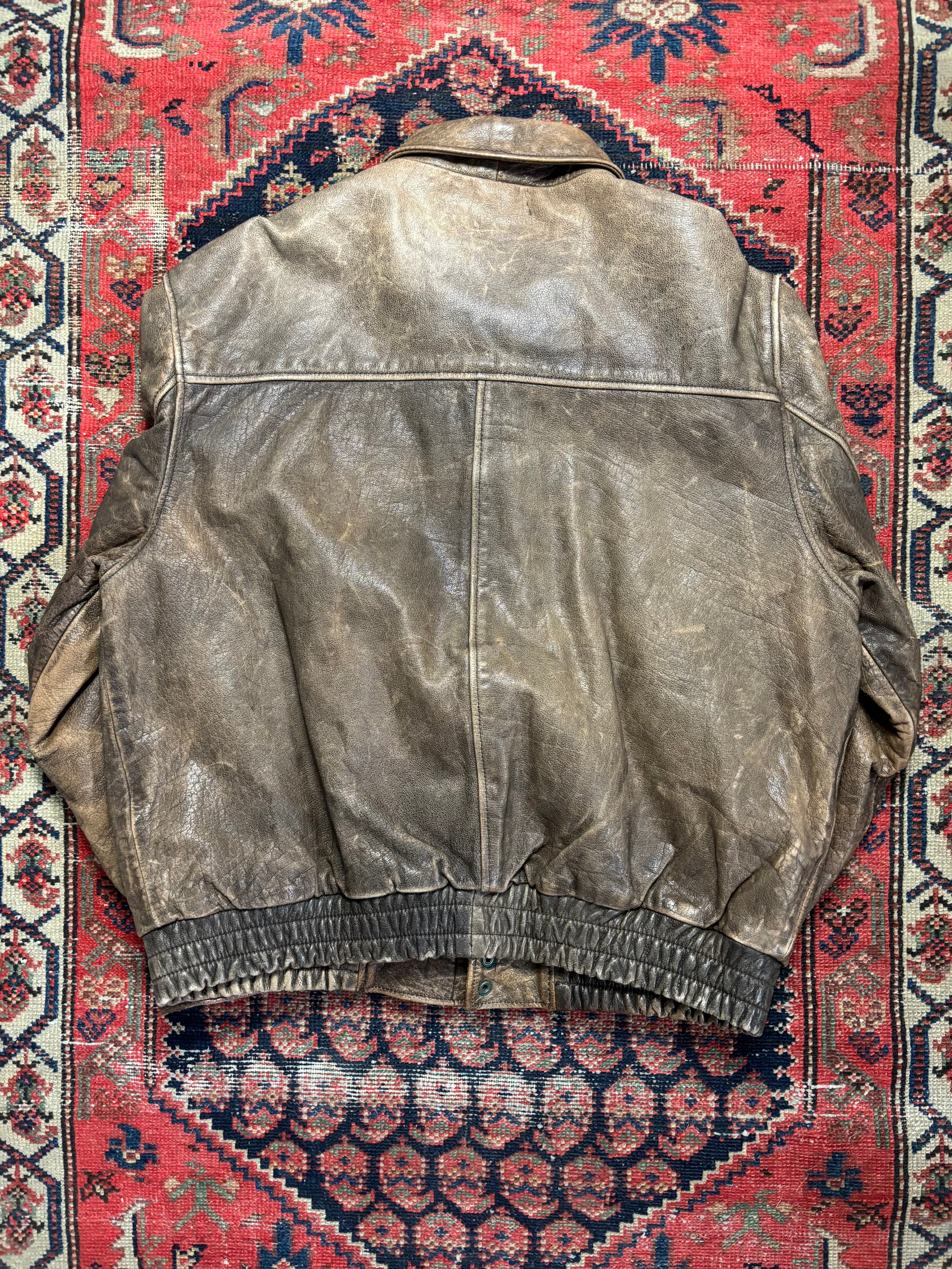 VINTAGE FADED INSULATED ADVENTURE BOUND LEATHER BOMBER JACKET SIZE LARGE