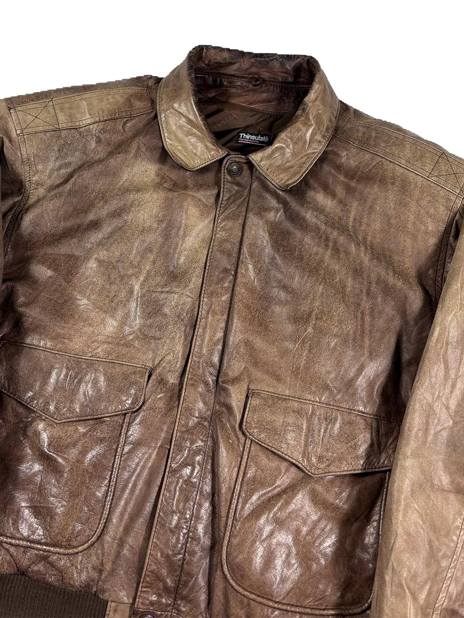 VINTAGE BROWN “ADVENTURE BOUND” LEATHER BOMBER JACKET SIZE XL