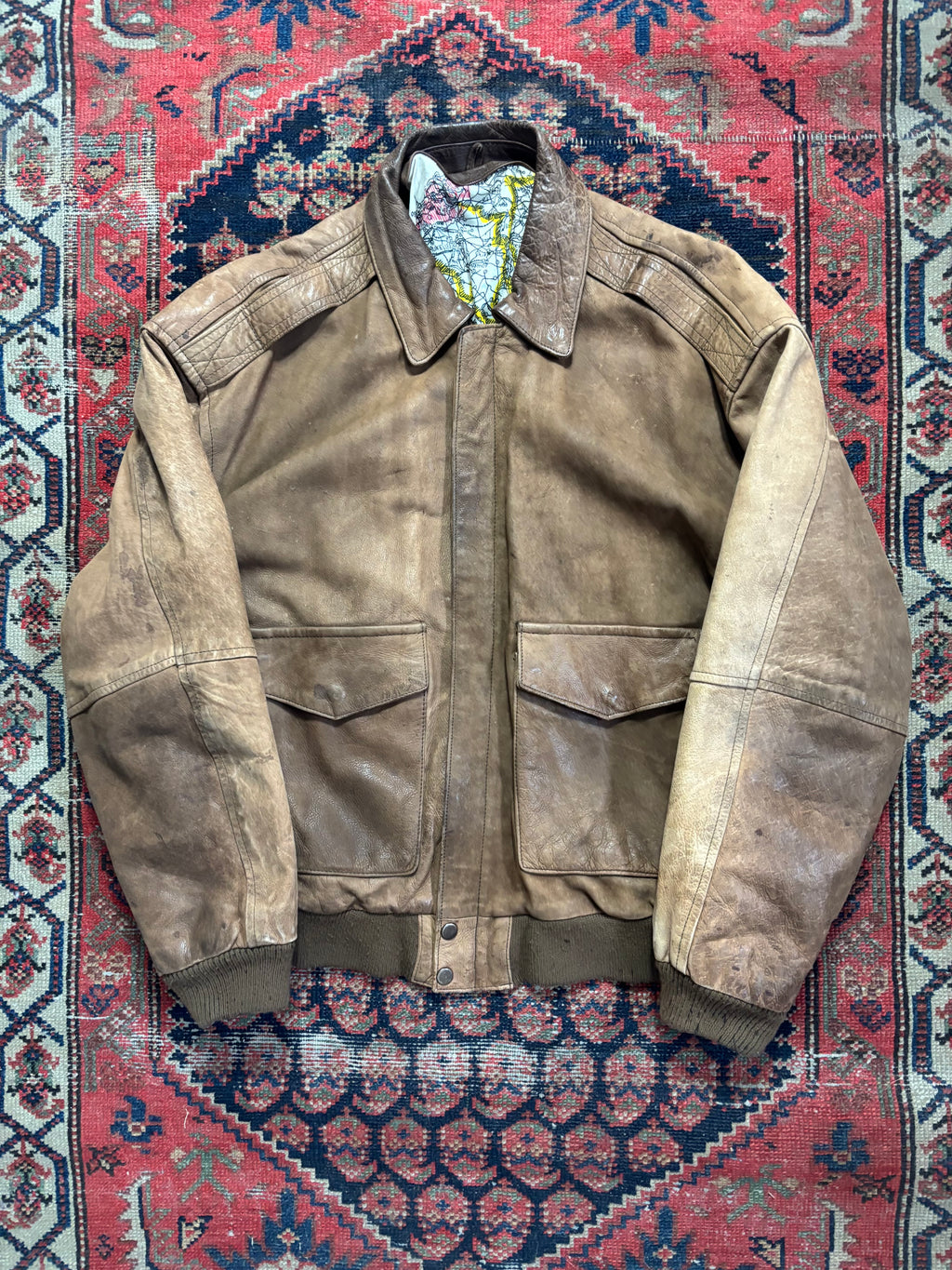 VINTAGE FADED BROWN LEATHER BOMBER JACKET SIZE MEDIUM