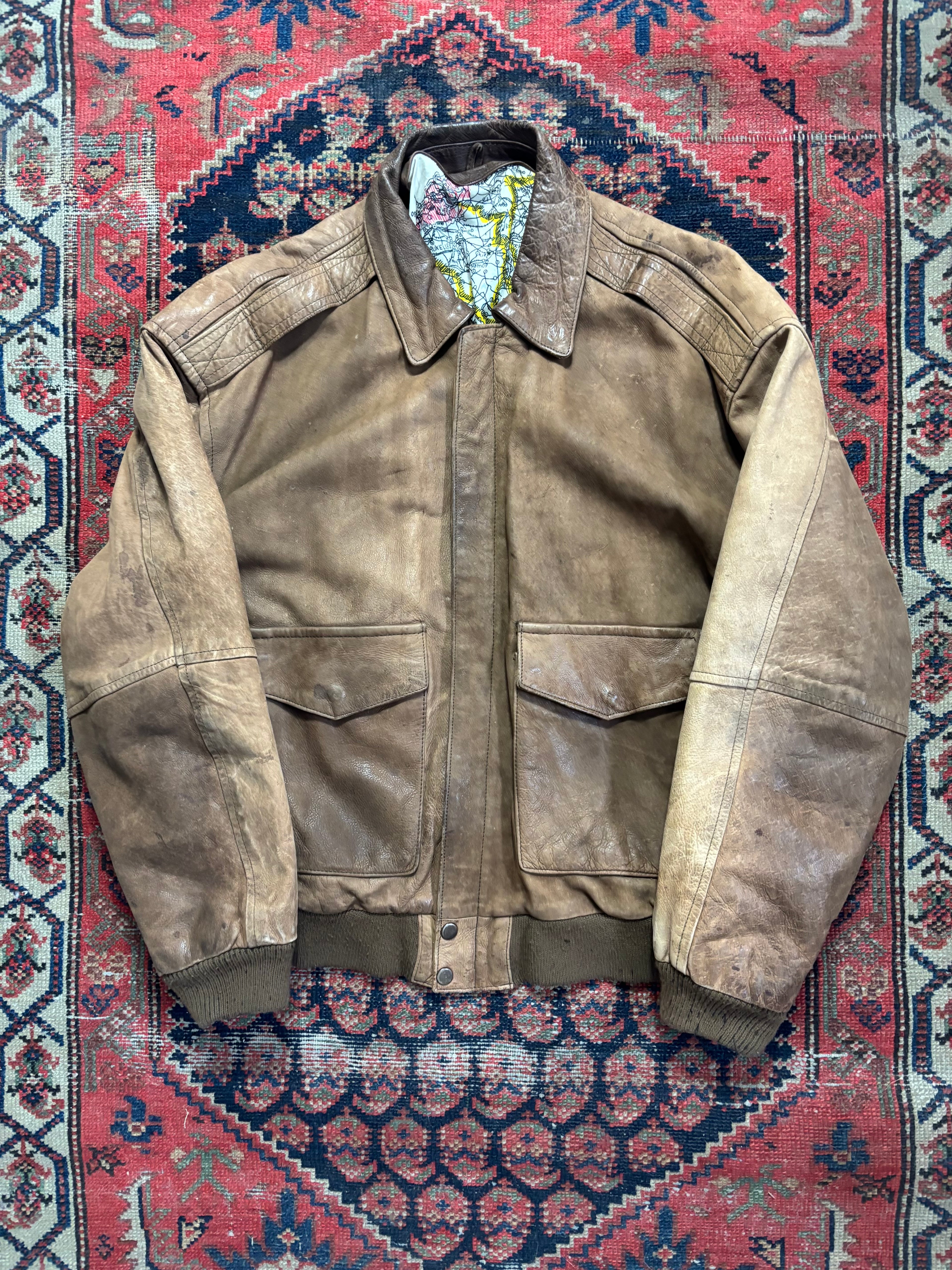 VINTAGE FADED BROWN LEATHER BOMBER JACKET SIZE MEDIUM