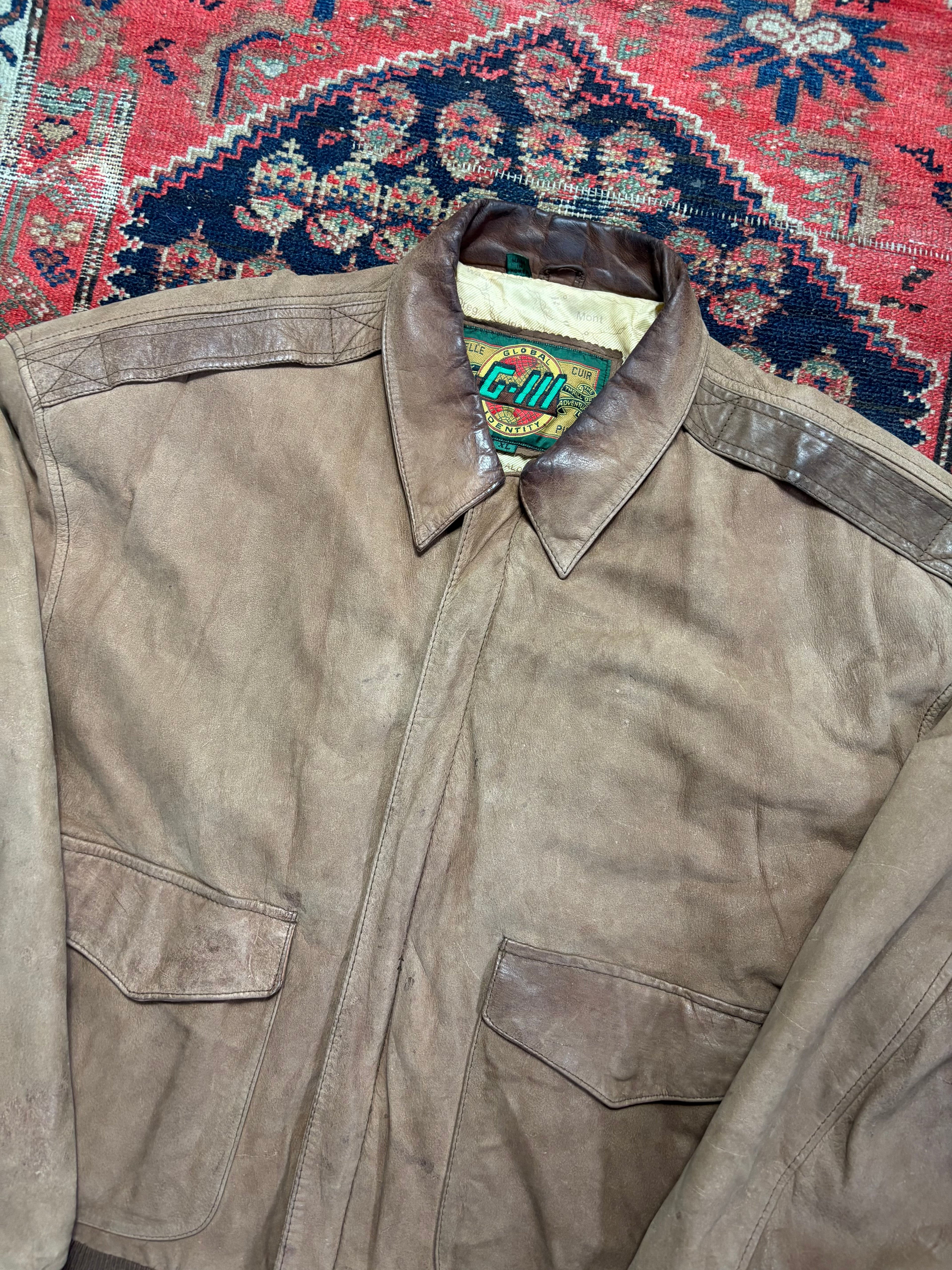VINTAGE FADED BROWN LEATHER “G-III” BOMBER JACKET SIZE XL