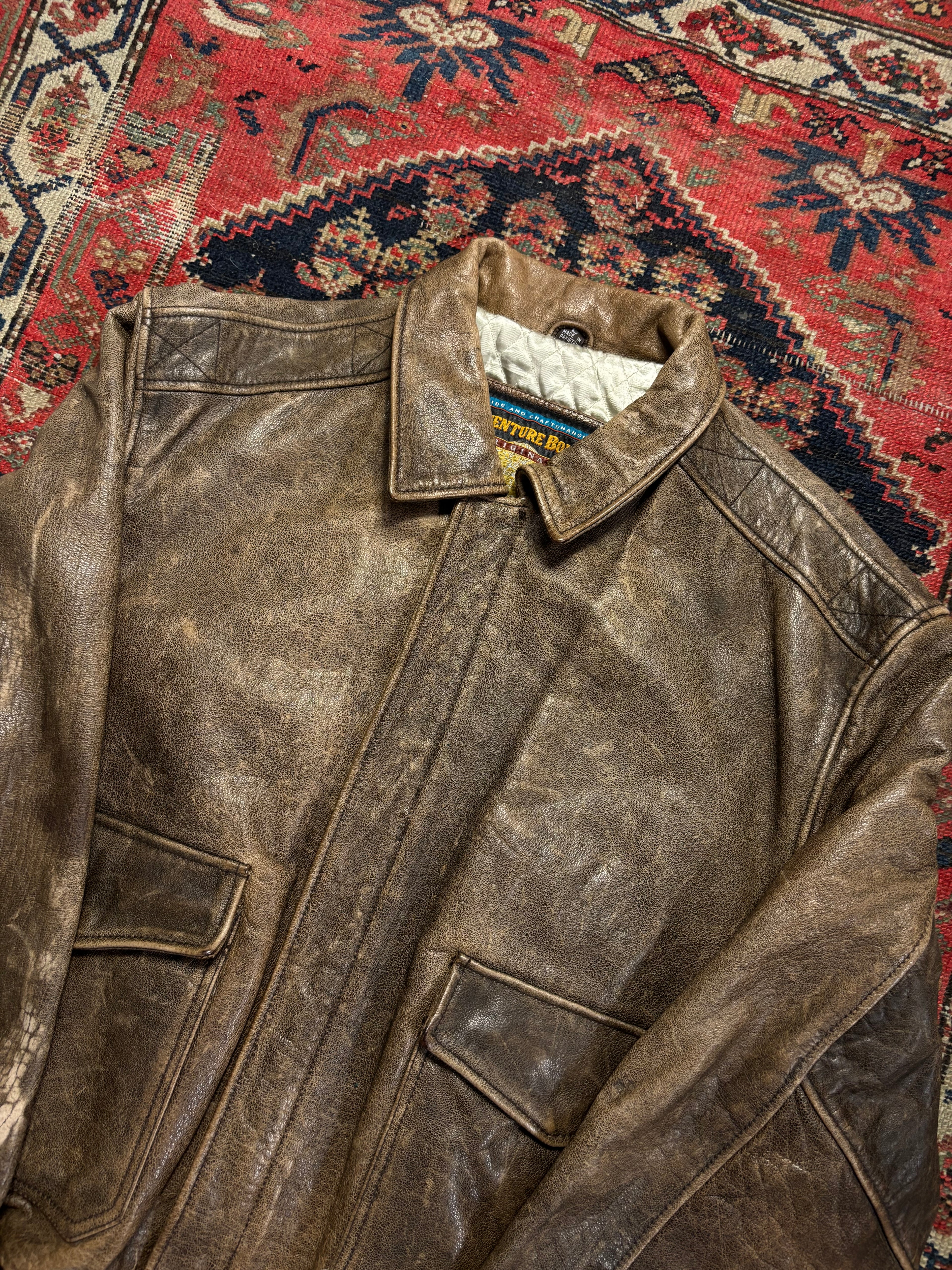 VINTAGE FADED INSULATED ADVENTURE BOUND LEATHER BOMBER JACKET SIZE LARGE