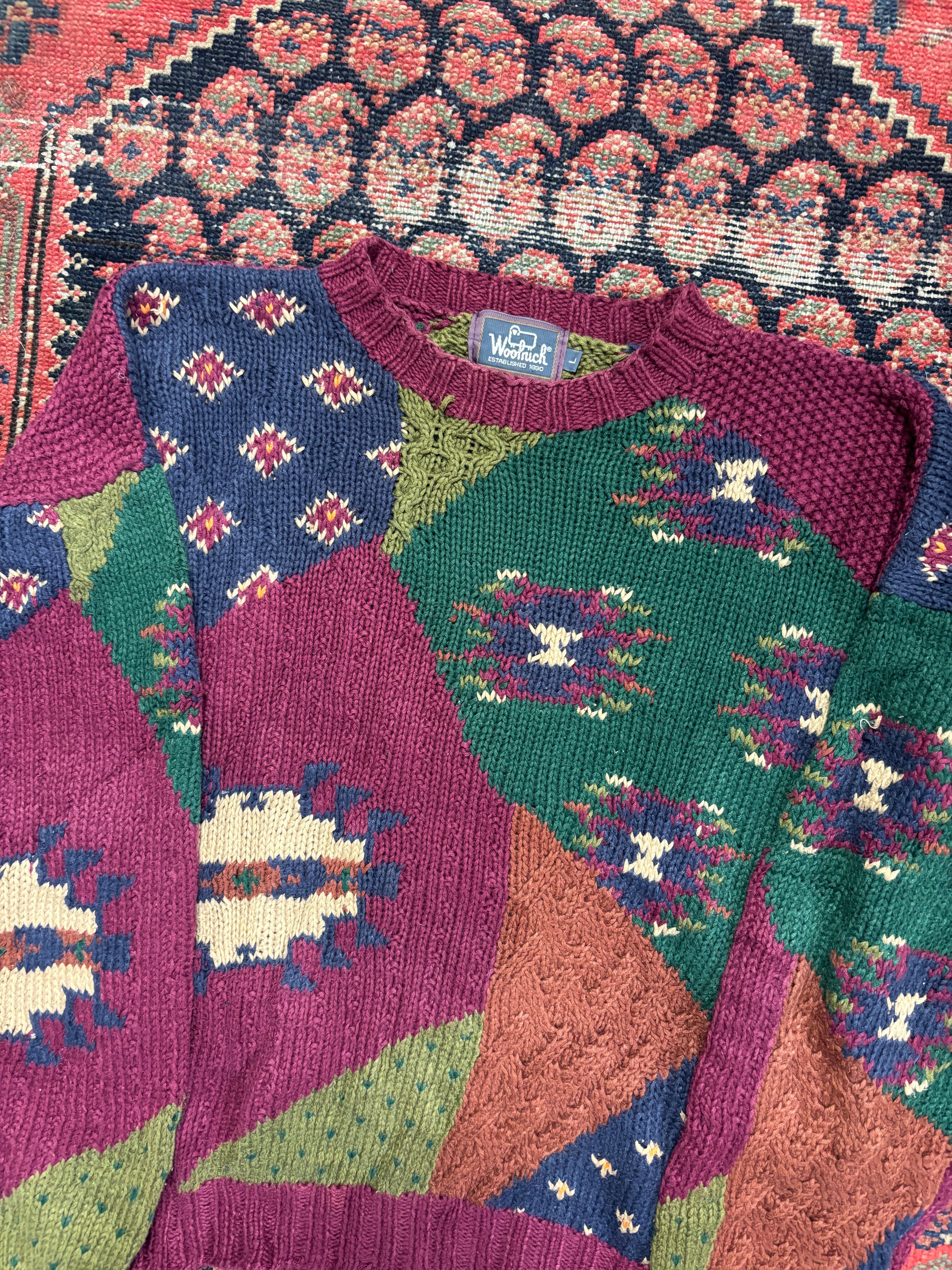 VINTAGE MULTI-PATTERN WOOLRICH HANDKNIT SWEATER SIZE MEDIUM