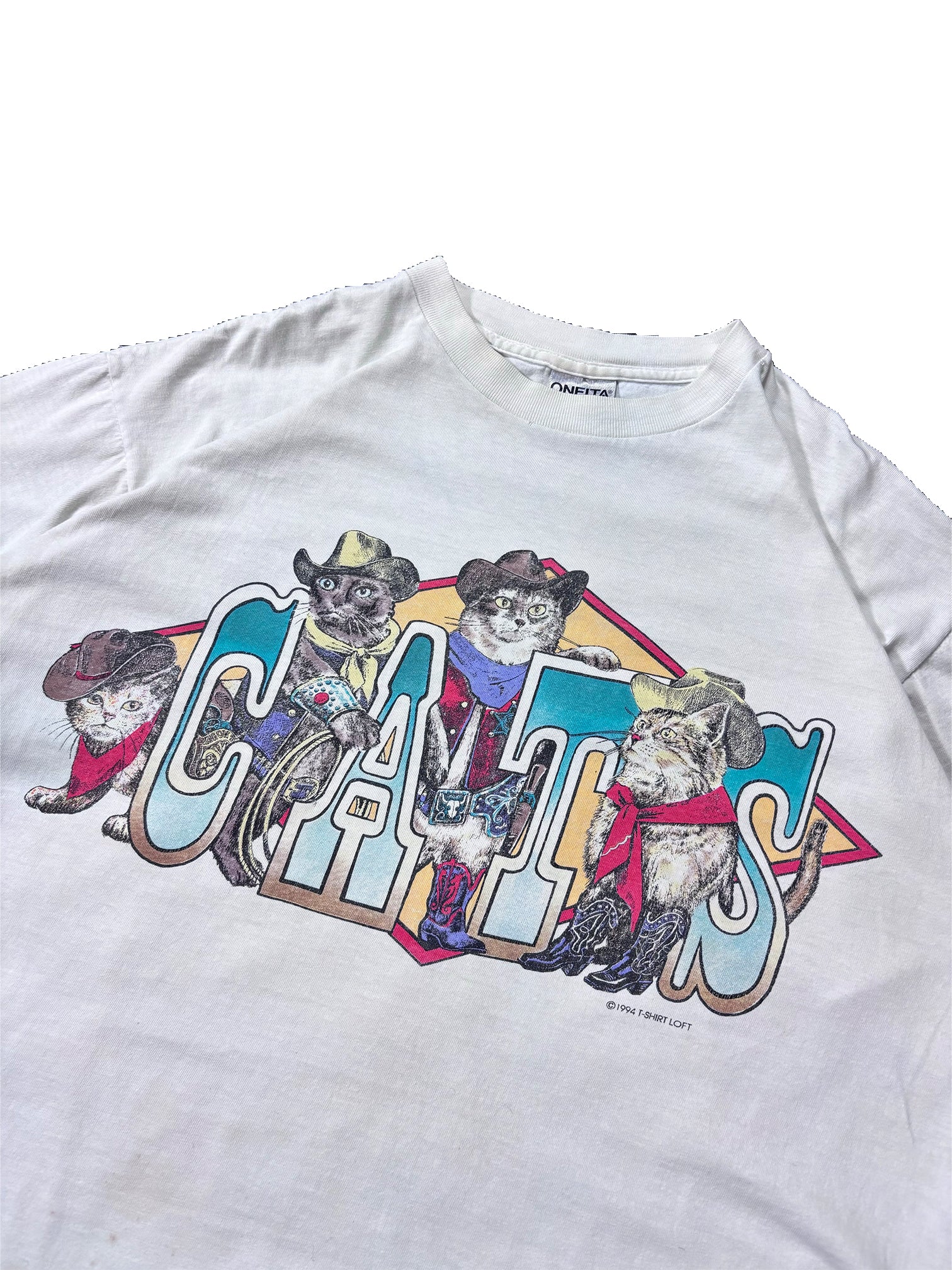 VINTAGE WHITE COWBOY CATS TEE SIZE XL