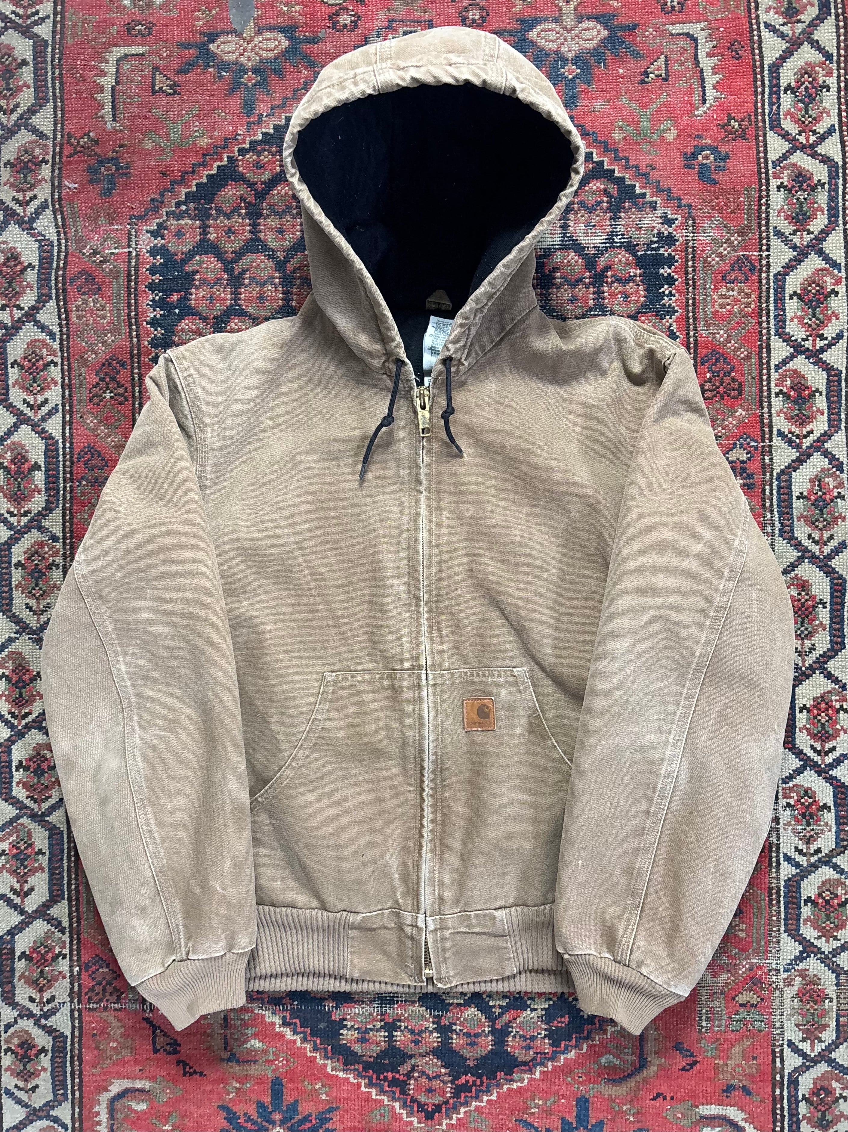 VINTAGE LIGHT BEIGE CARHARTT HOODED WORK JACKET SIZE MEDIUM
