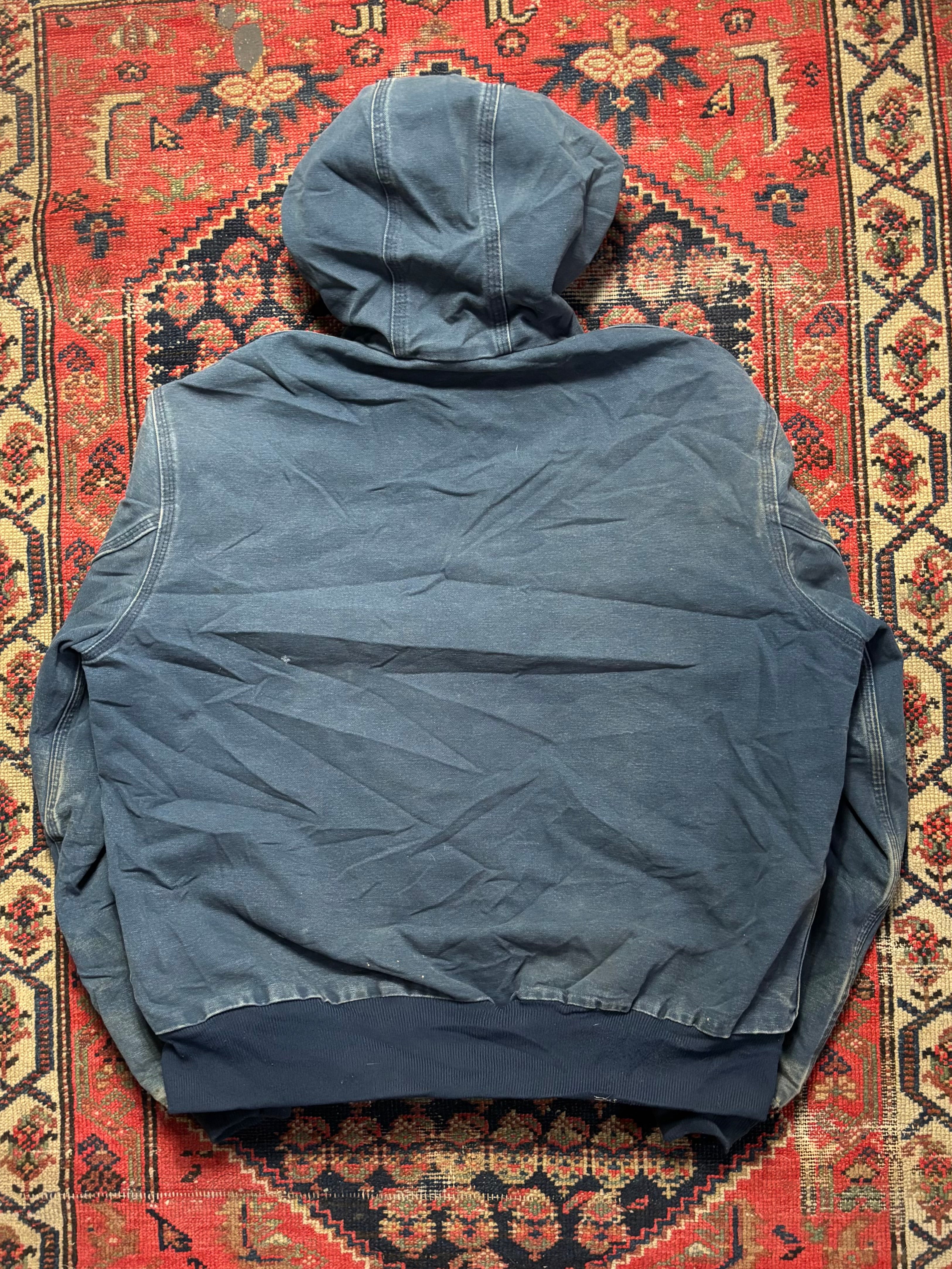 VINTAGE FADED NAVY HOODED CARHARTT WORK JACKET SIZE LARGE