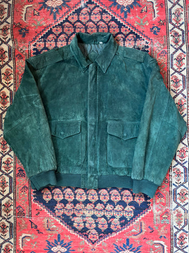 VINTAGE GREEN LEATHER BOMBER JACKET SIZE LARGE