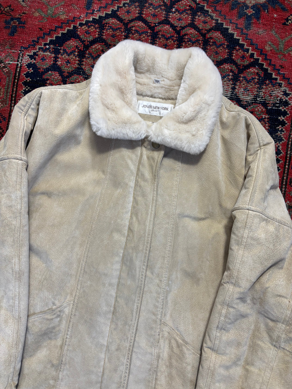 VINTAGE FAUX FUR LINED JONES NY LIGHT BEIGE LEATHER SIZE MEDIUM
