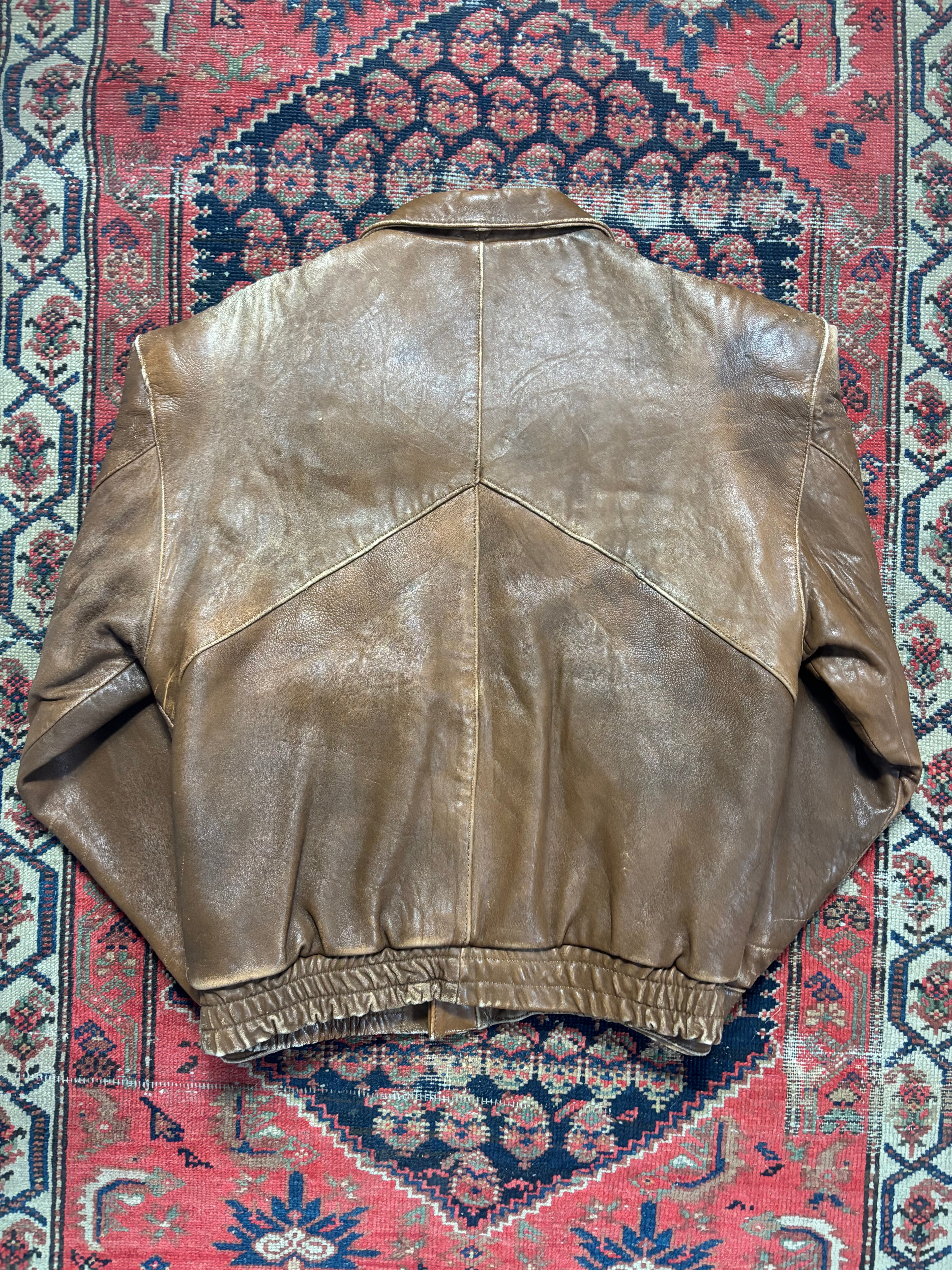 VINTAGE FADED BROWN LEATHER “MIDWAY” BOMBER JACKET SIZE LARGE