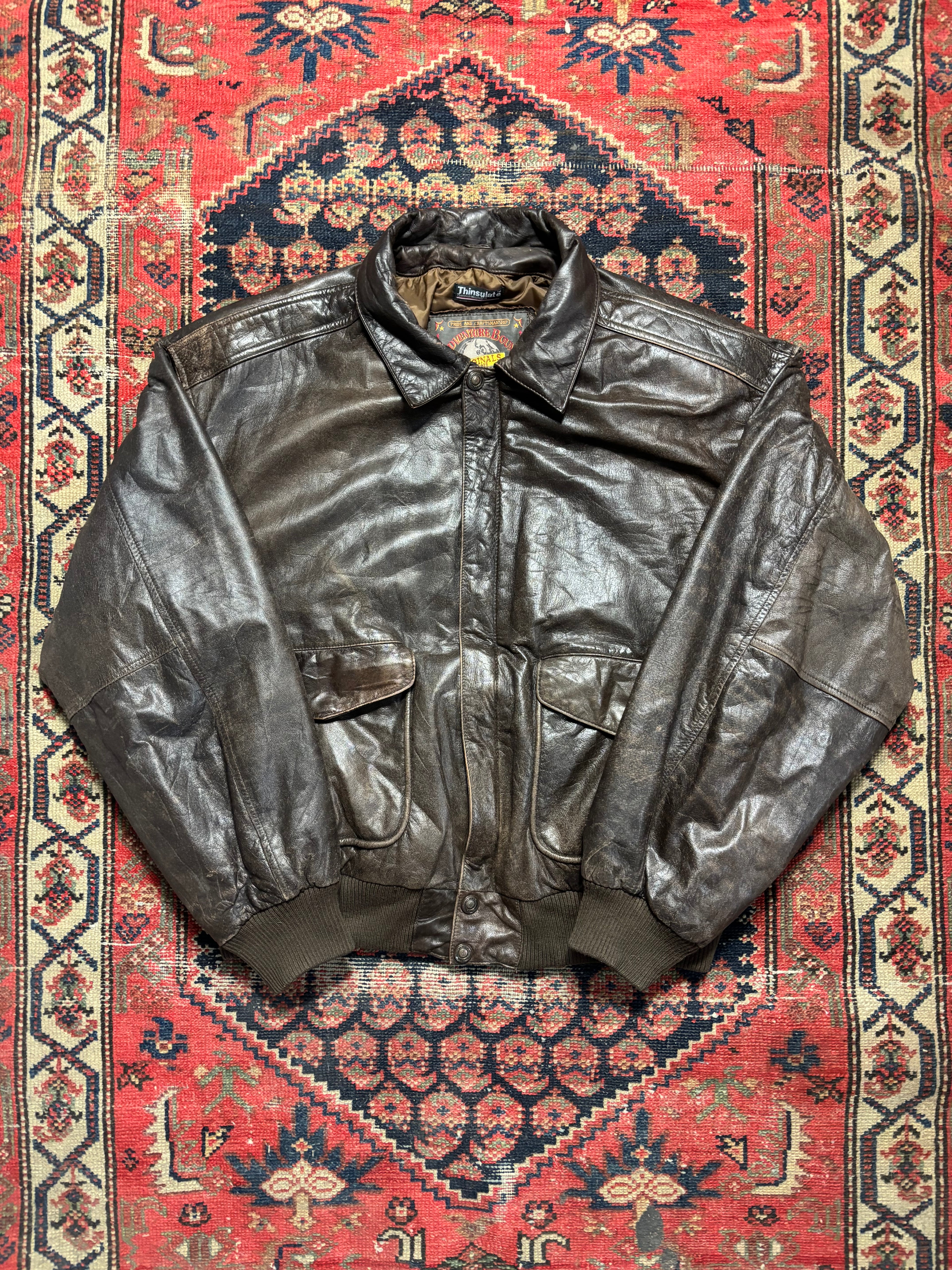 VINTAGE BROWN LEATHER ADVENTURE BOUND BOMBER JACKET SIZE XL