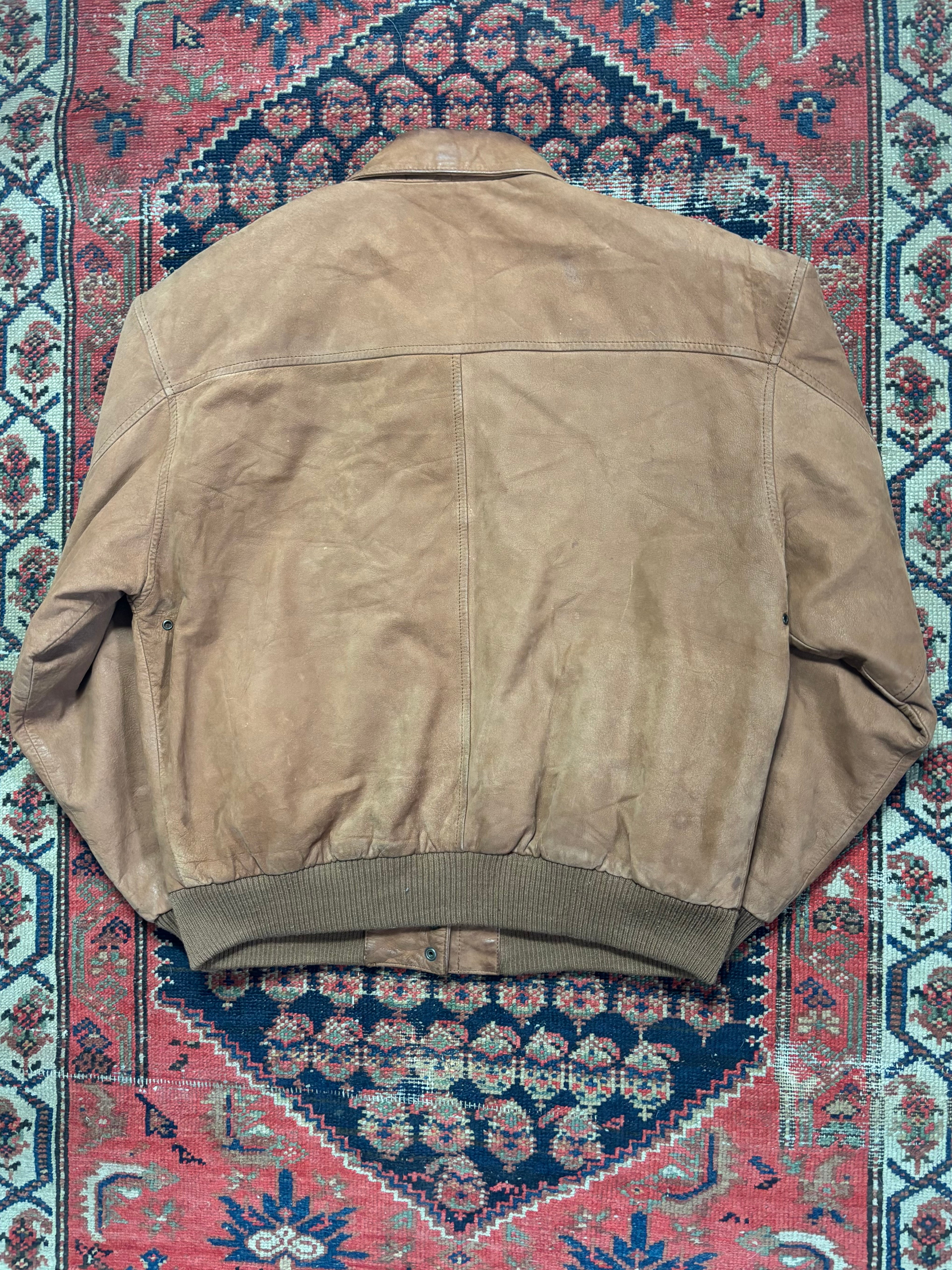 VINTAGE BROWN LEATHER “PARIS SPORTS CLUB” BOMBER JACKET SIZE LARGE