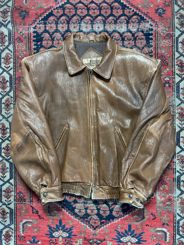 VINTAGE FADED BROWN LEATHER “MIDWAY” BOMBER JACKET SIZE LARGE