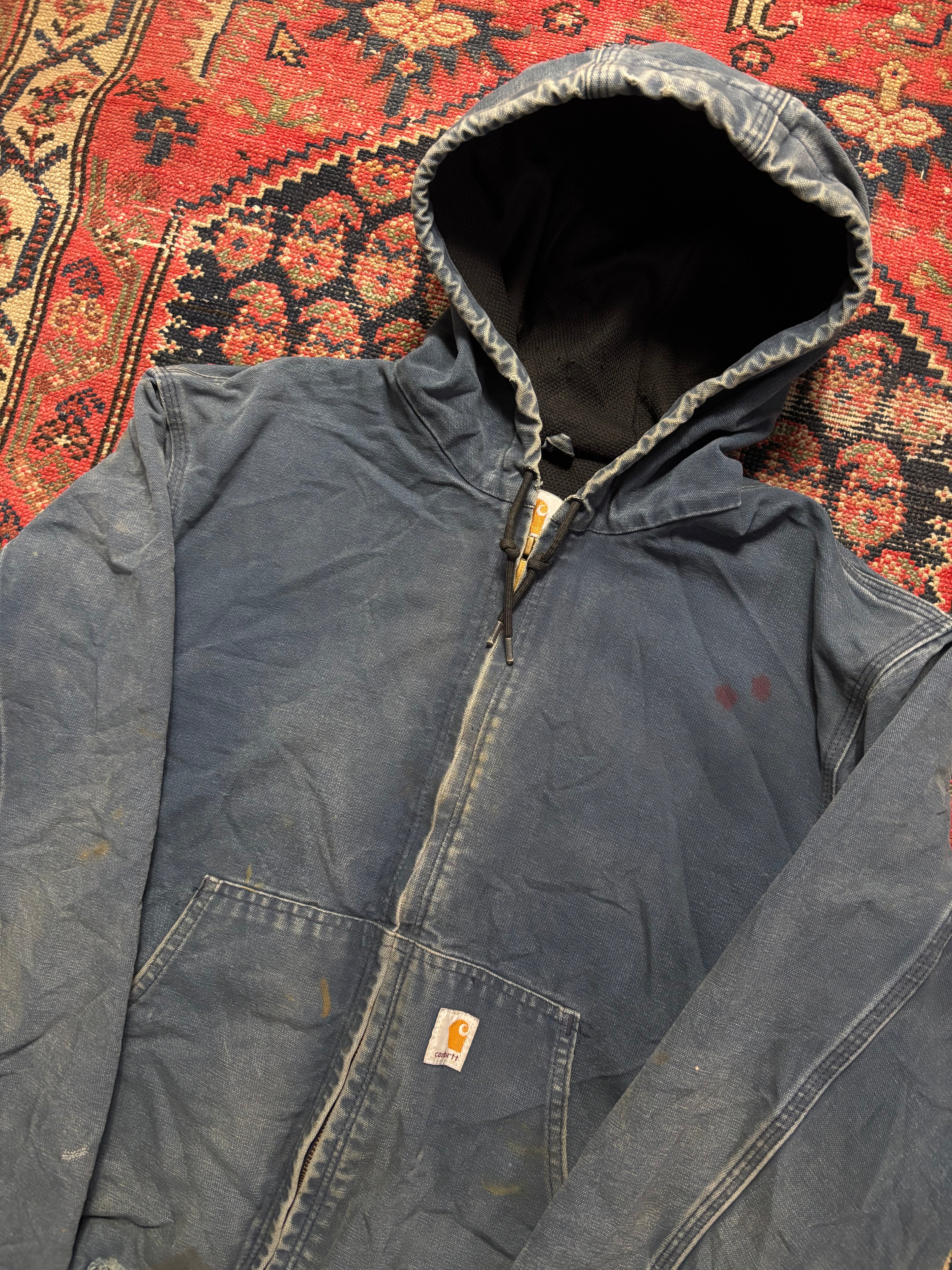VINTAGE FADED NAVY HOODED CARHARTT WORK JACKET SIZE LARGE