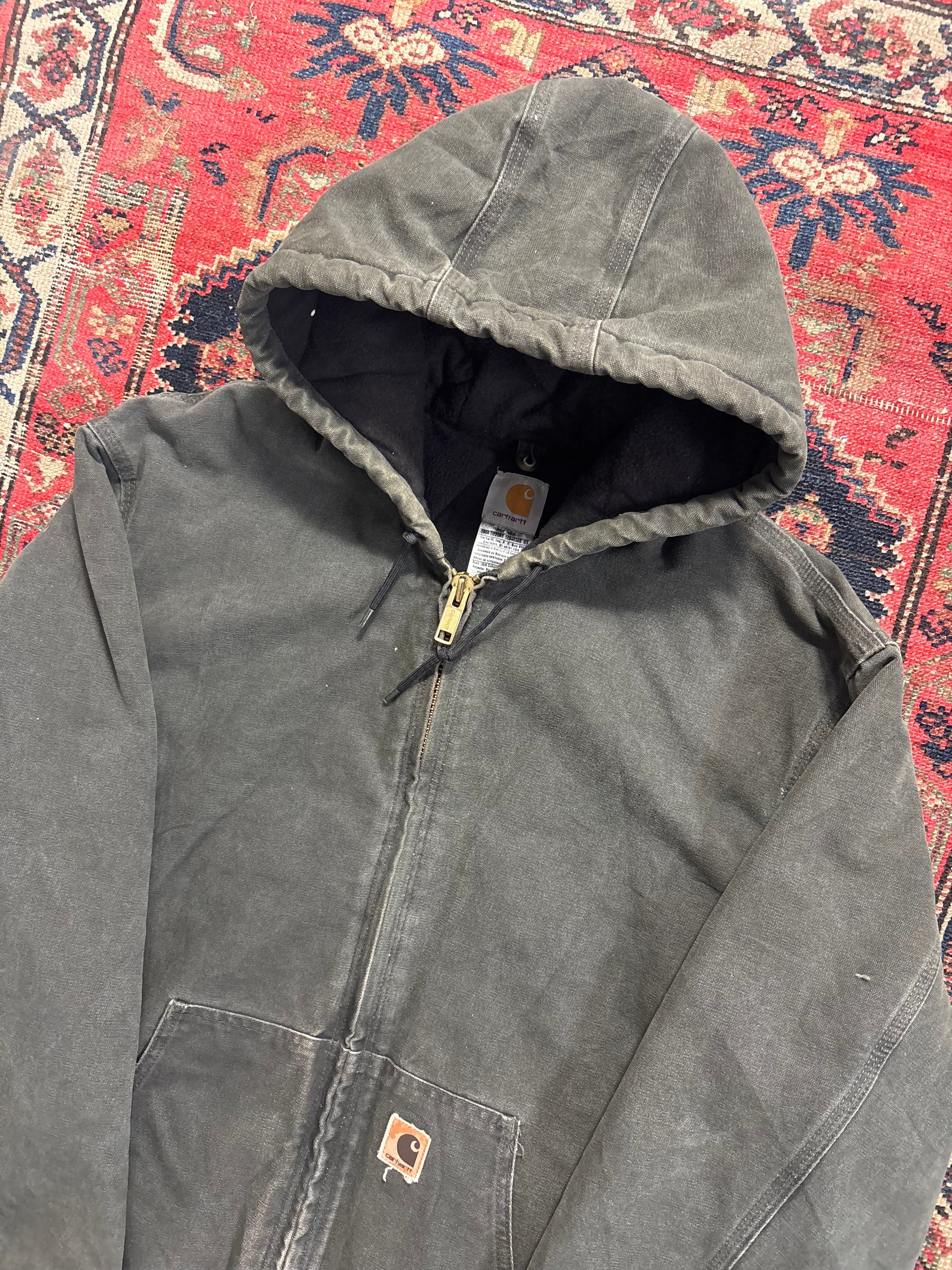 VINTAGE FADED DARK FOREST GREEN CARHARTT HOODED JACKET SIZE XL