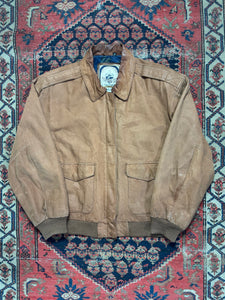 VINTAGE BROWN LEATHER “PARIS SPORTS CLUB” BOMBER JACKET SIZE LARGE