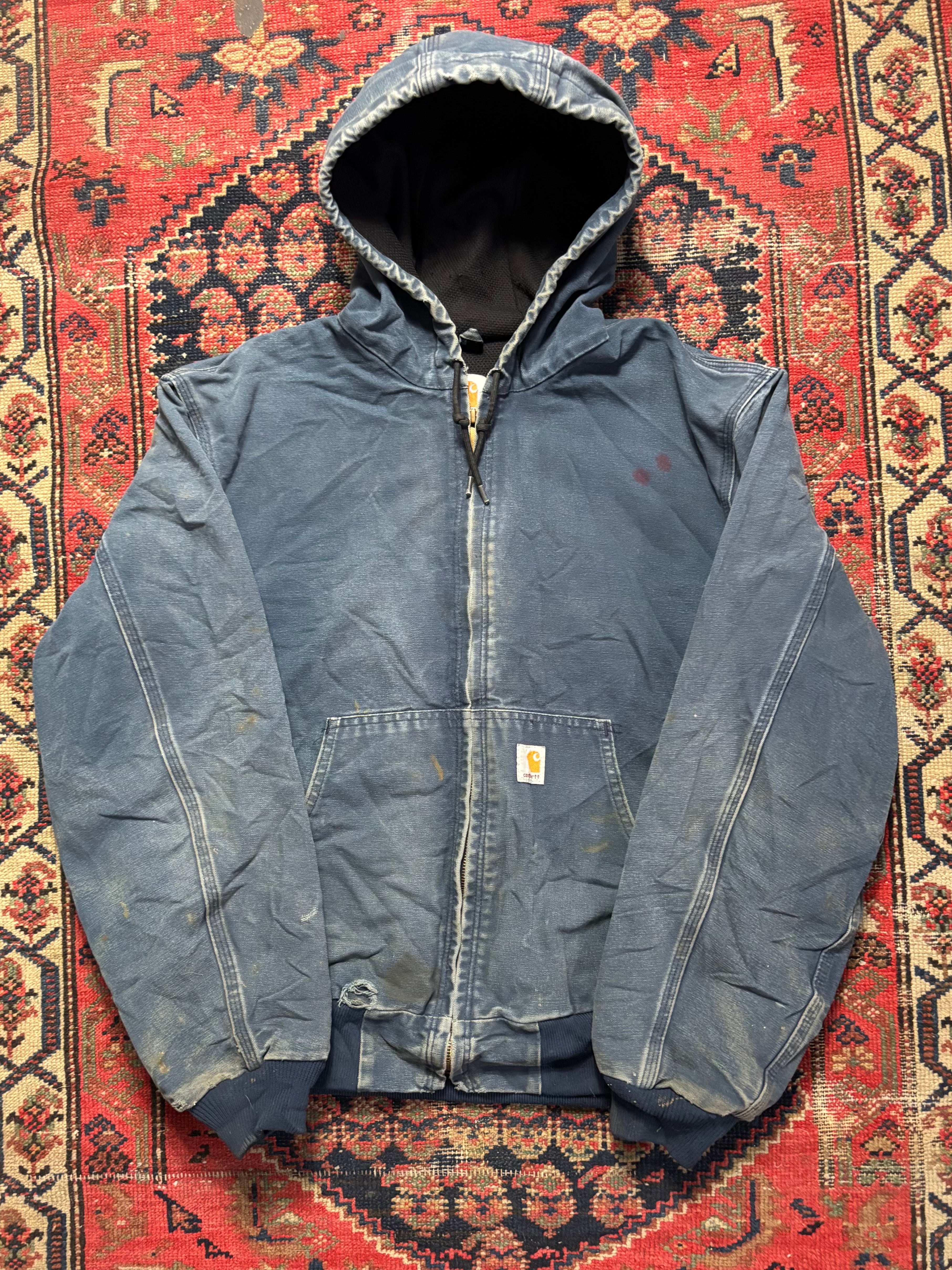 VINTAGE FADED NAVY HOODED CARHARTT WORK JACKET SIZE LARGE
