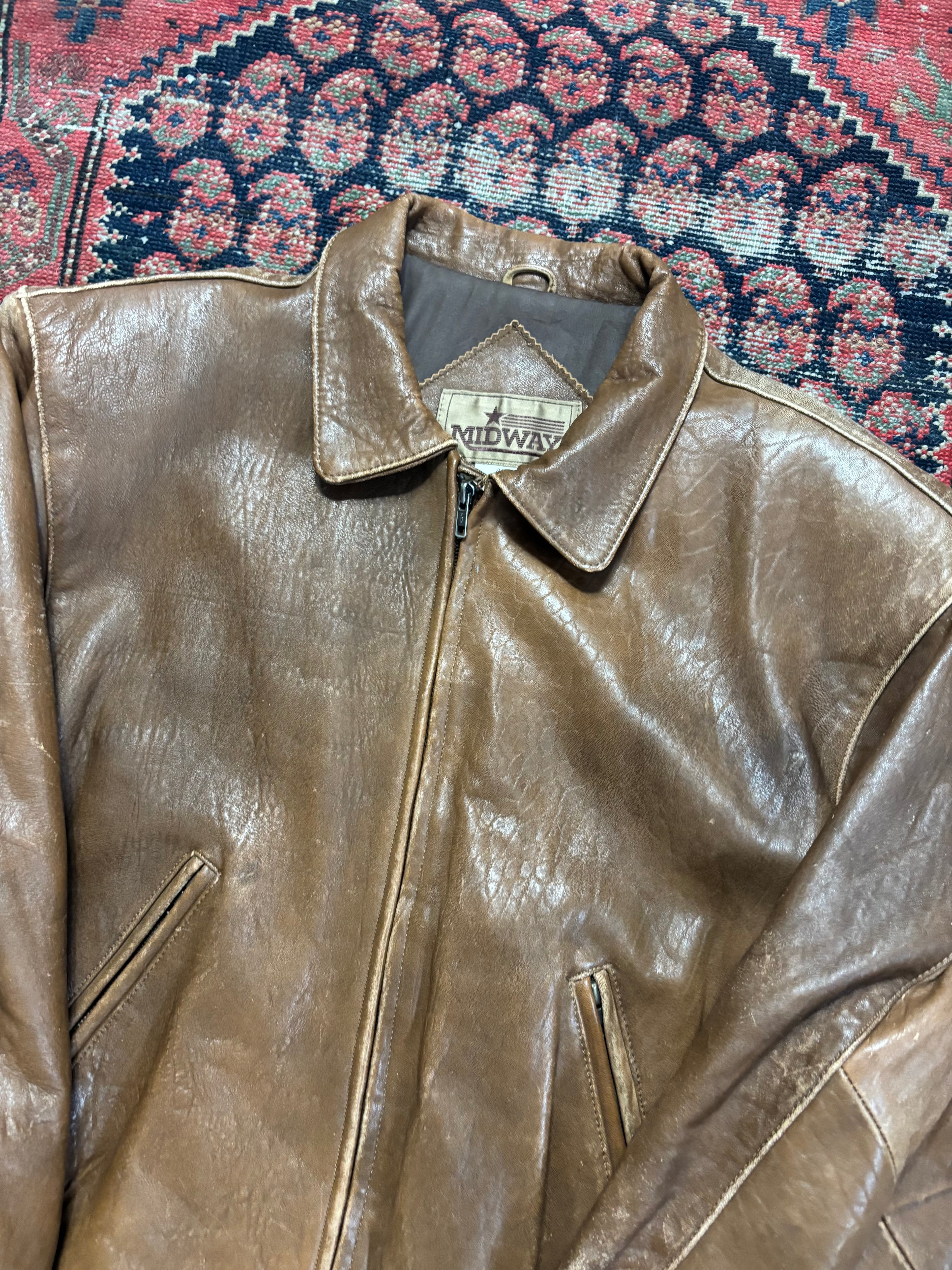 VINTAGE FADED BROWN LEATHER “MIDWAY” BOMBER JACKET SIZE LARGE
