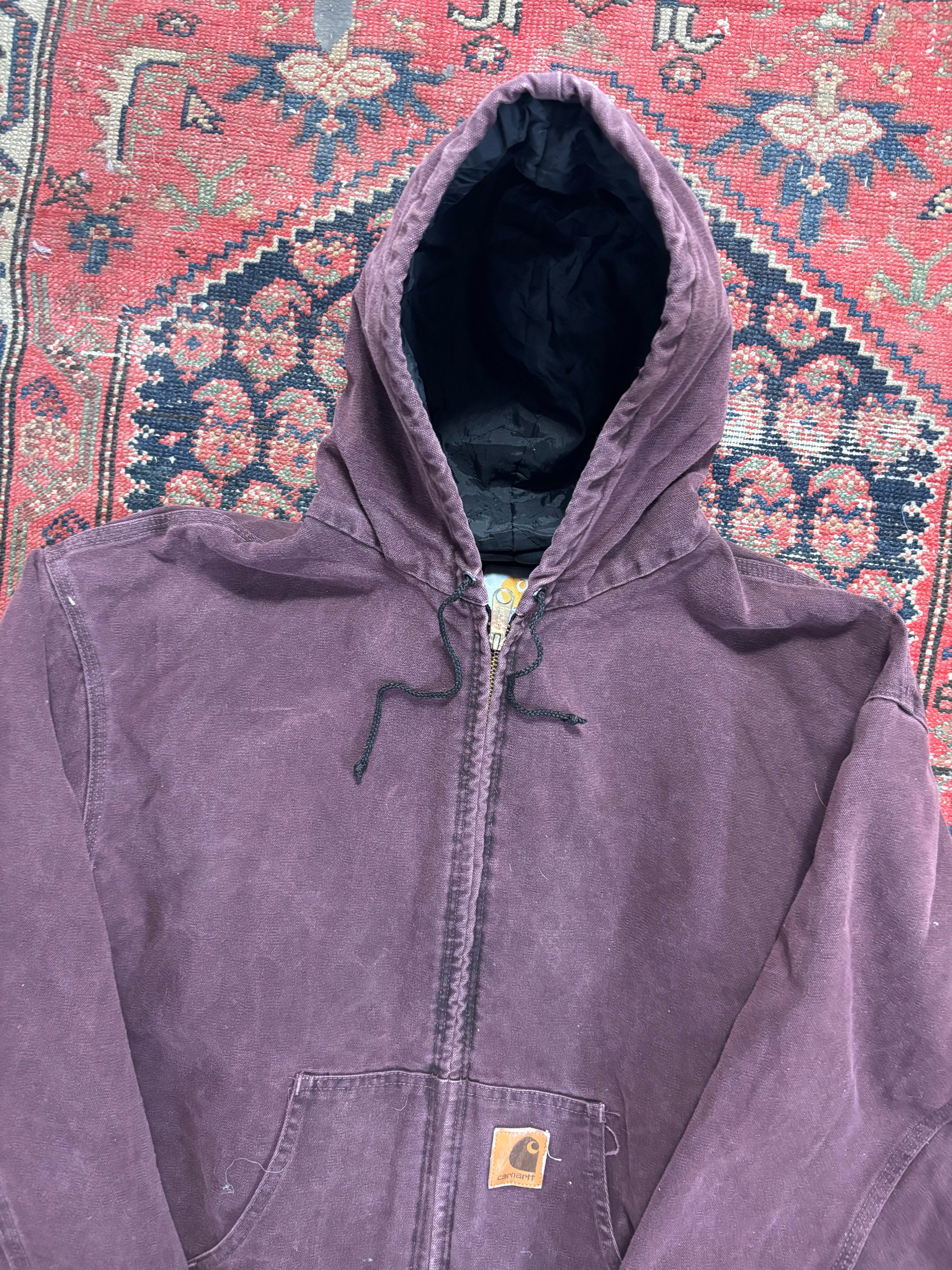 VINTAGE DARK BURGUNDY CARHARTT HOODED WORK JACKET SIZE XL