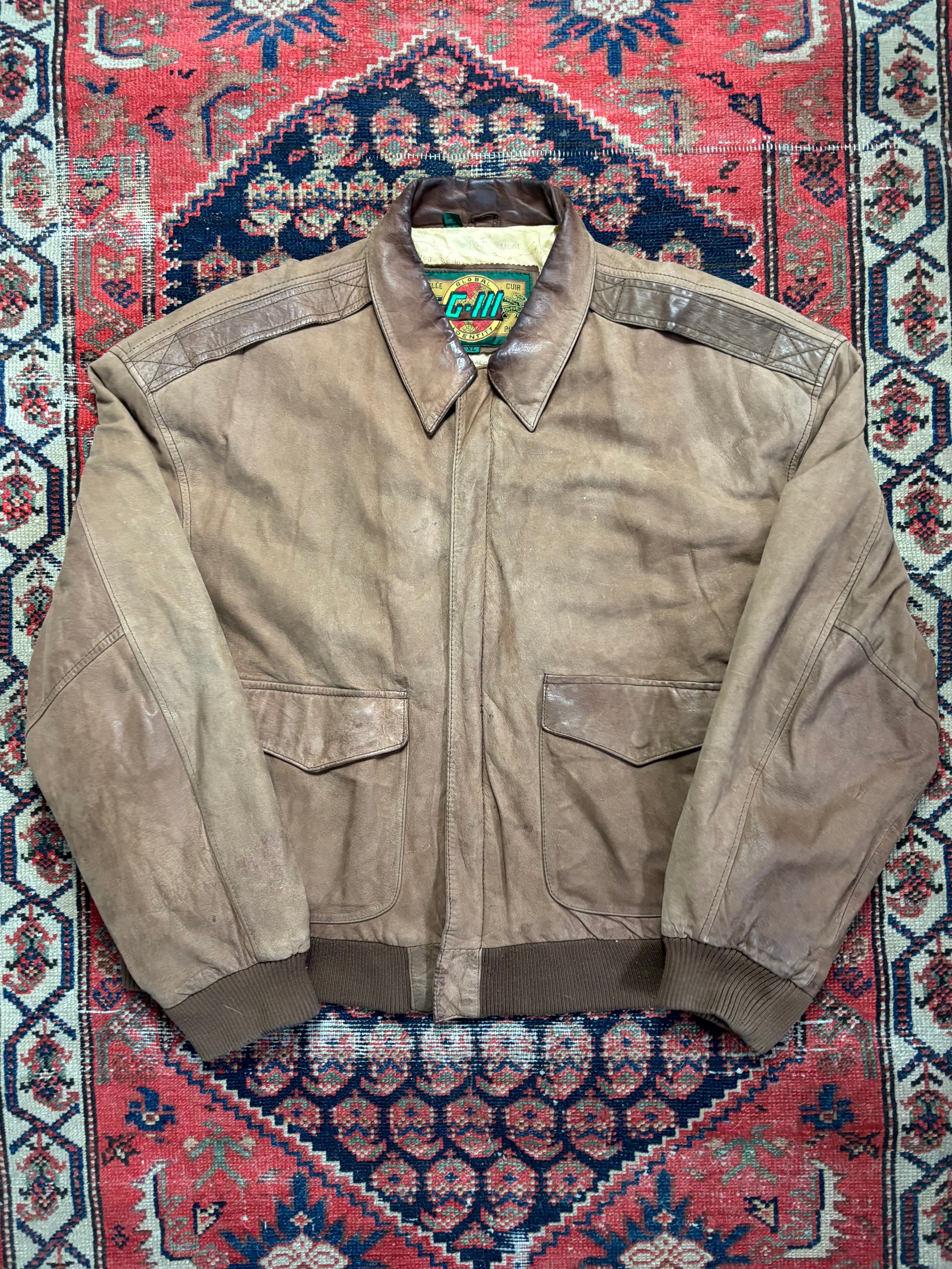VINTAGE FADED BROWN LEATHER “G-III” BOMBER JACKET SIZE XL