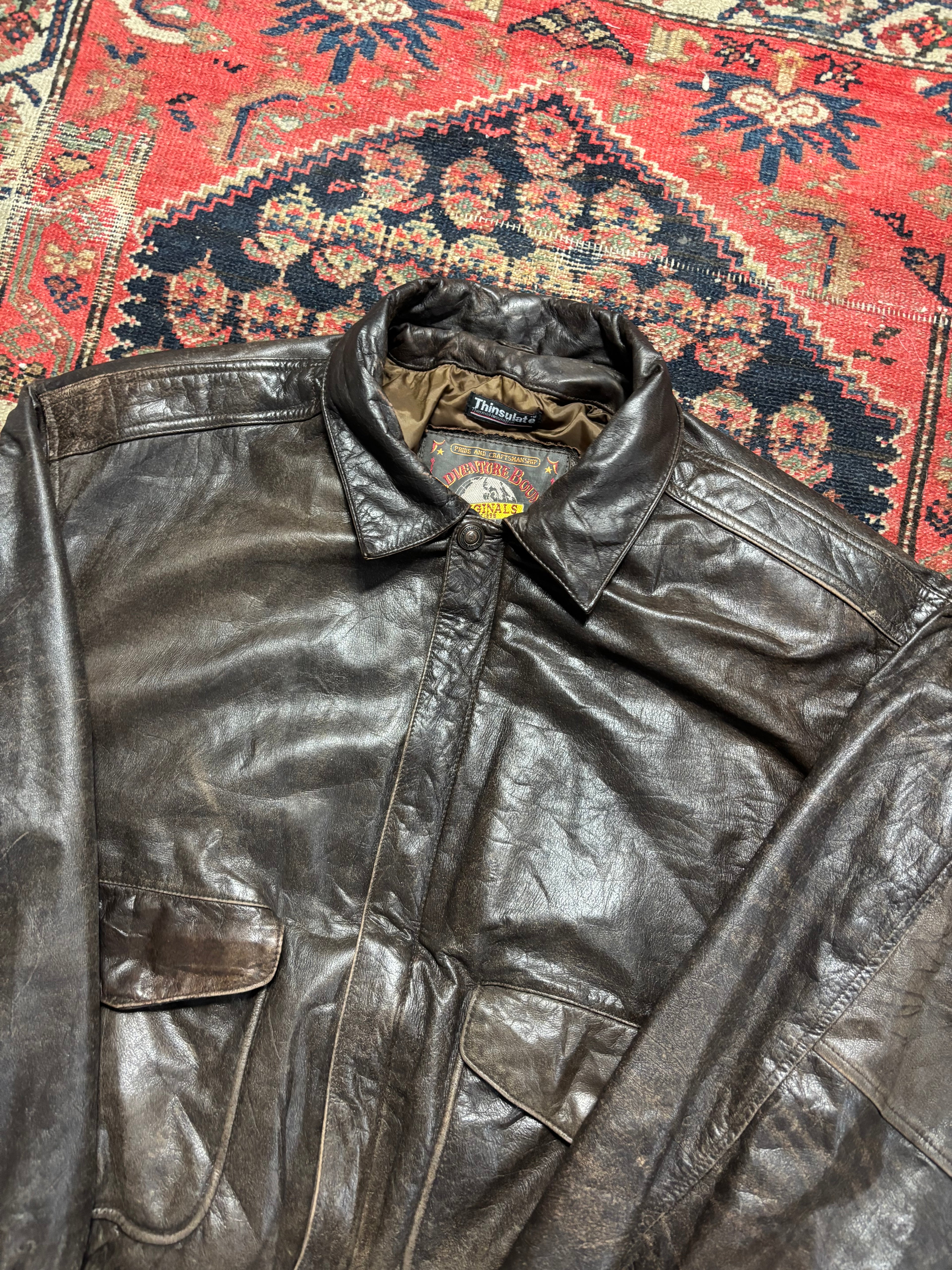VINTAGE BROWN LEATHER ADVENTURE BOUND BOMBER JACKET SIZE XL