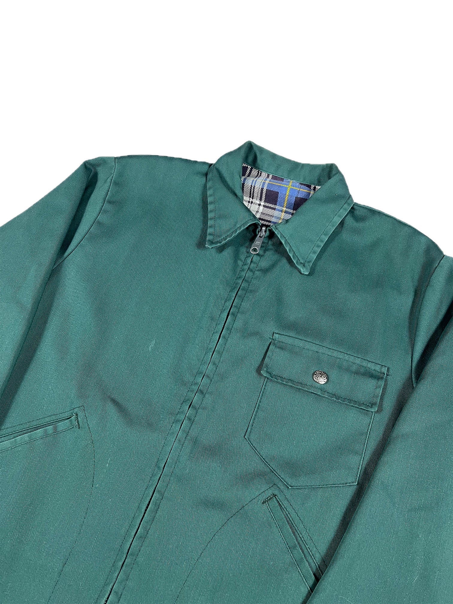 VINTAGE GREEN COLLARED PLAID LINED WORK JACKET SIZE MEDIUM