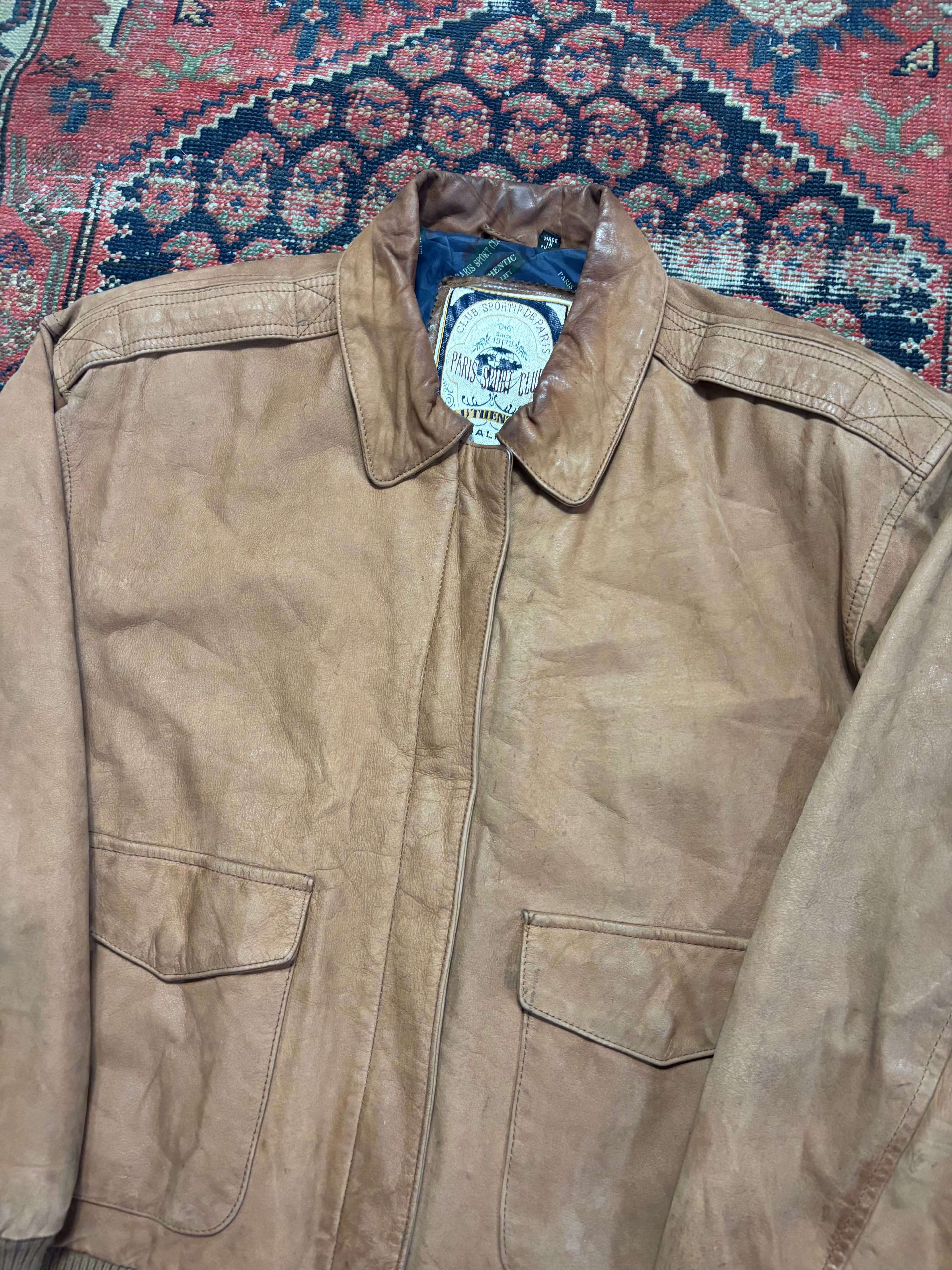 VINTAGE BROWN LEATHER “PARIS SPORTS CLUB” BOMBER JACKET SIZE LARGE