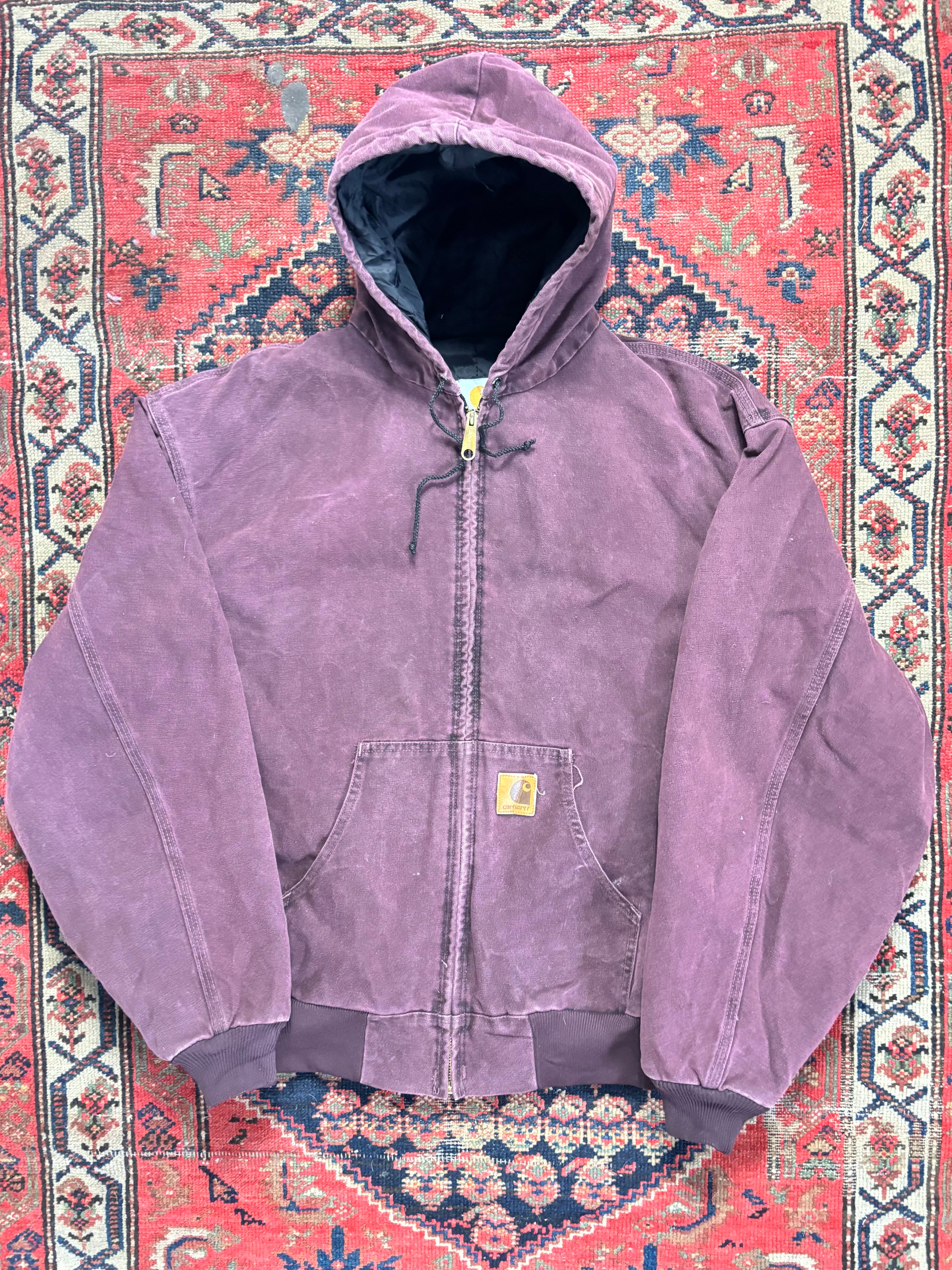 VINTAGE DARK BURGUNDY CARHARTT HOODED WORK JACKET SIZE XL