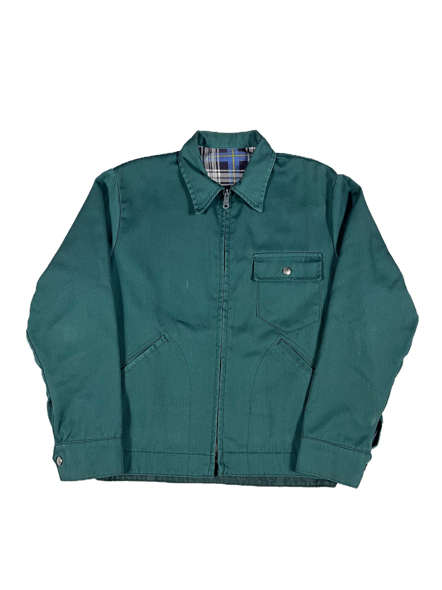 VINTAGE GREEN COLLARED PLAID LINED WORK JACKET SIZE MEDIUM