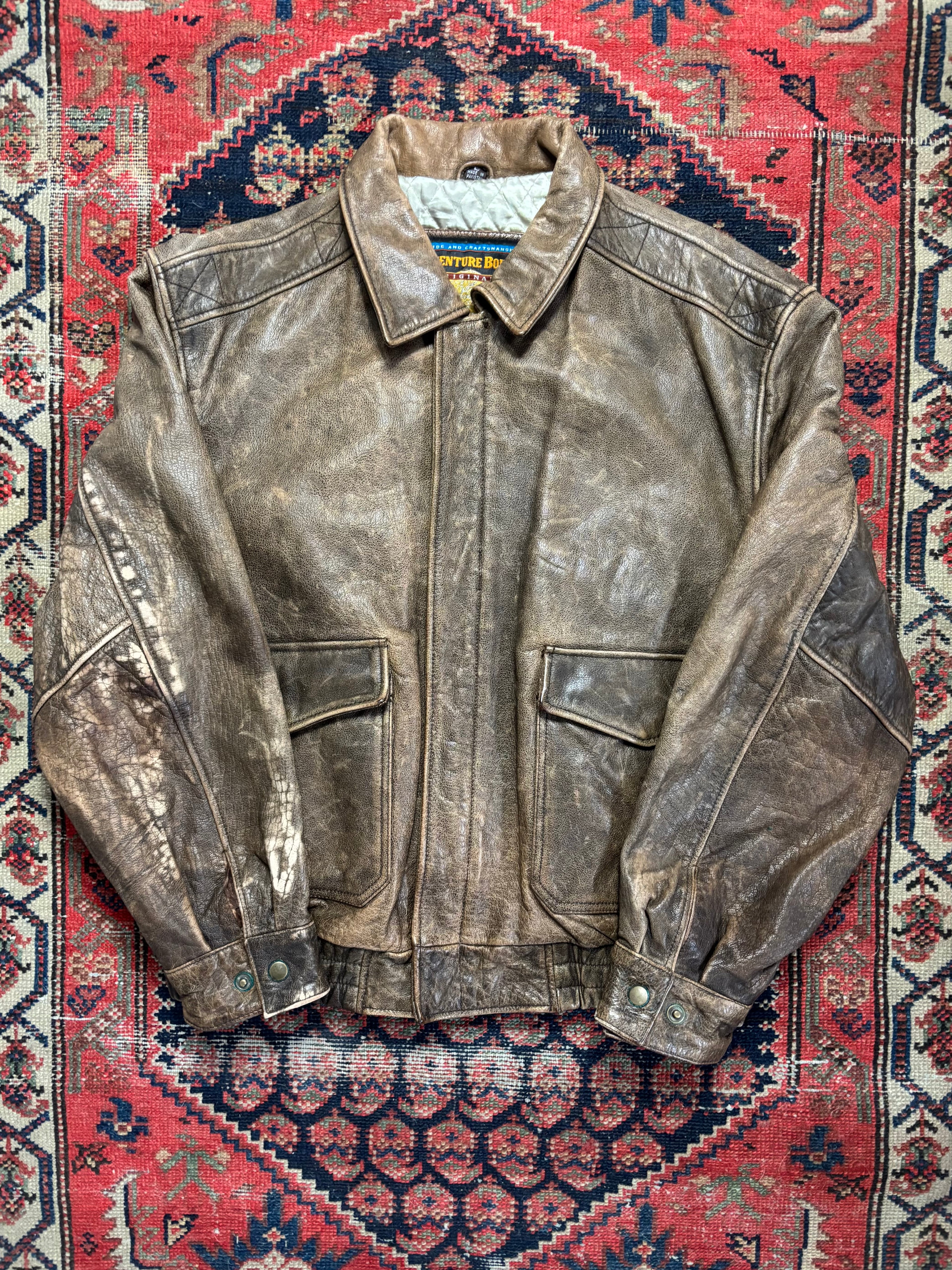 VINTAGE FADED INSULATED ADVENTURE BOUND LEATHER BOMBER JACKET SIZE LARGE