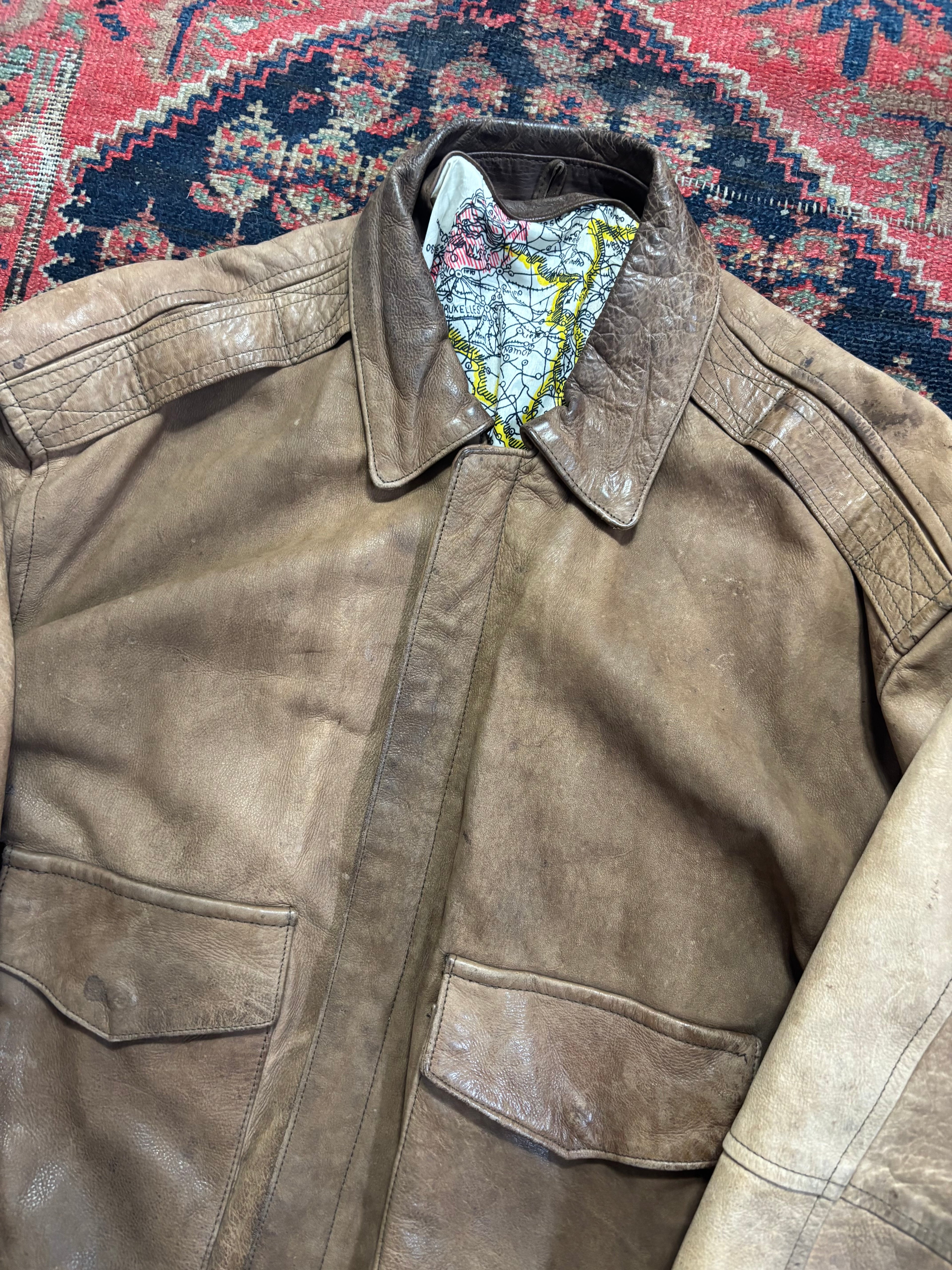 VINTAGE FADED BROWN LEATHER BOMBER JACKET SIZE MEDIUM