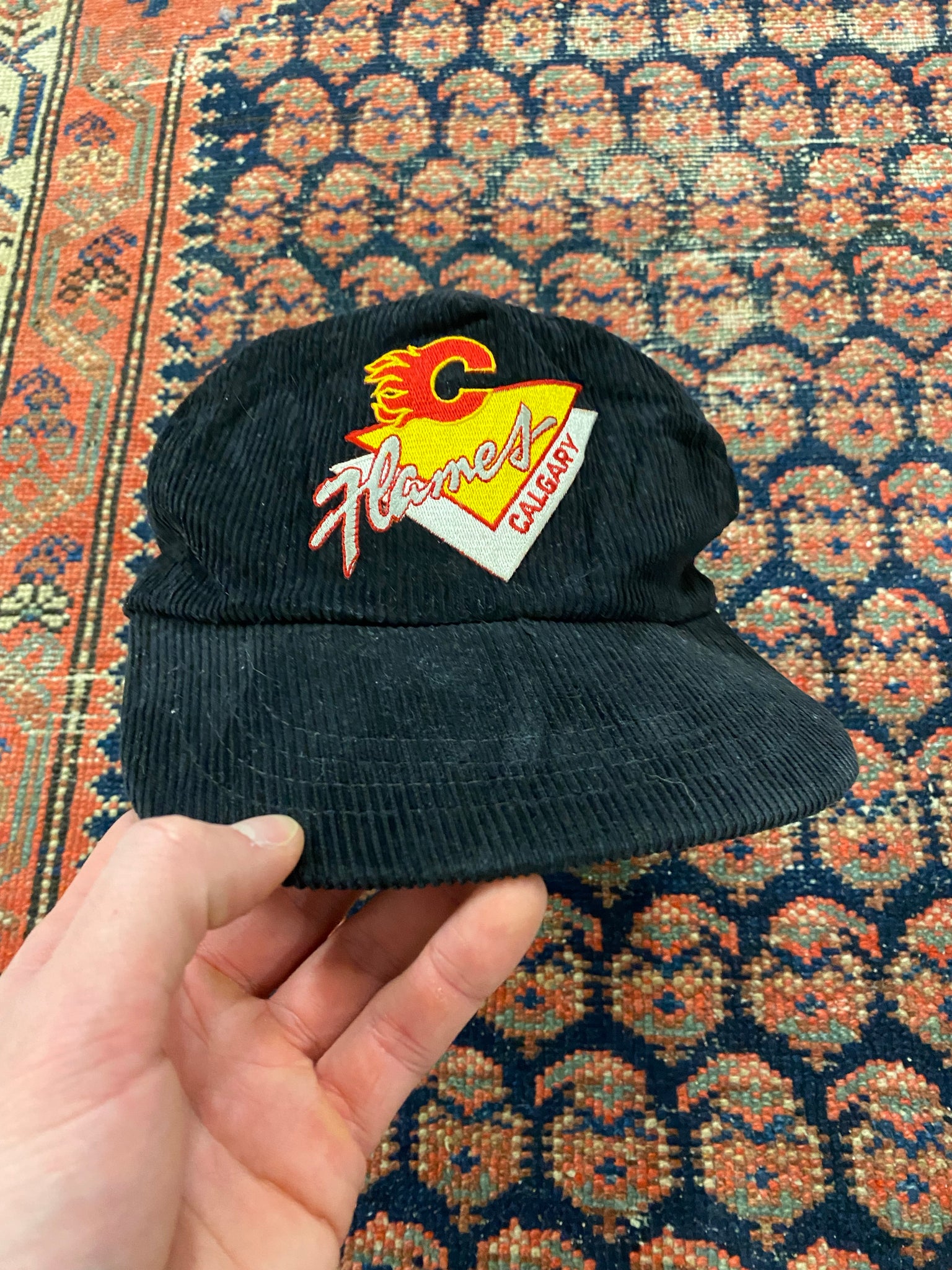 Vintage 90s Yupoong Calgary Flames NHL Red Corduroy Snapback Hat Cap Adjustable Size