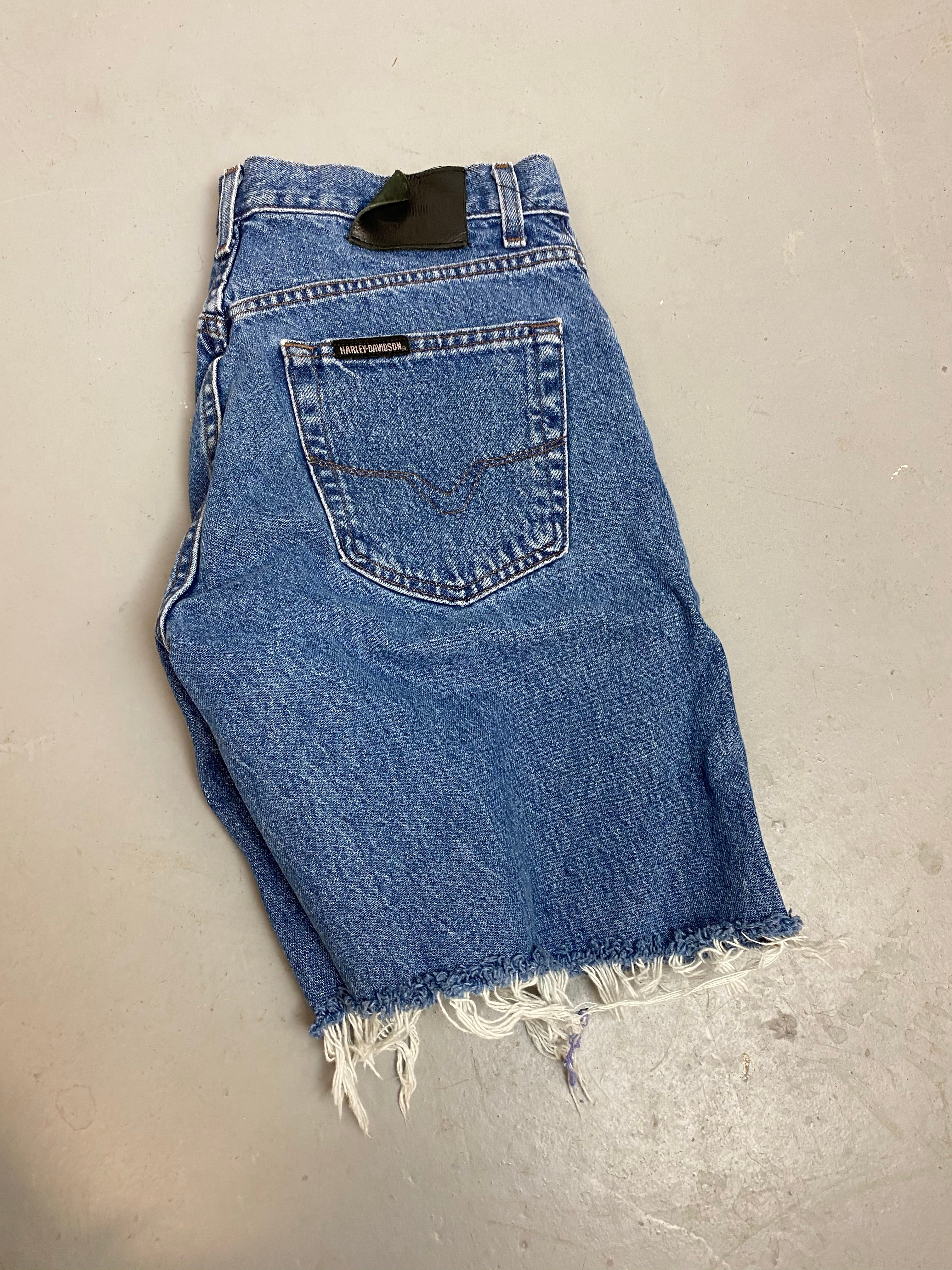 90s High Waisted Harley Davidson Frayed Denim Shorts - 30in