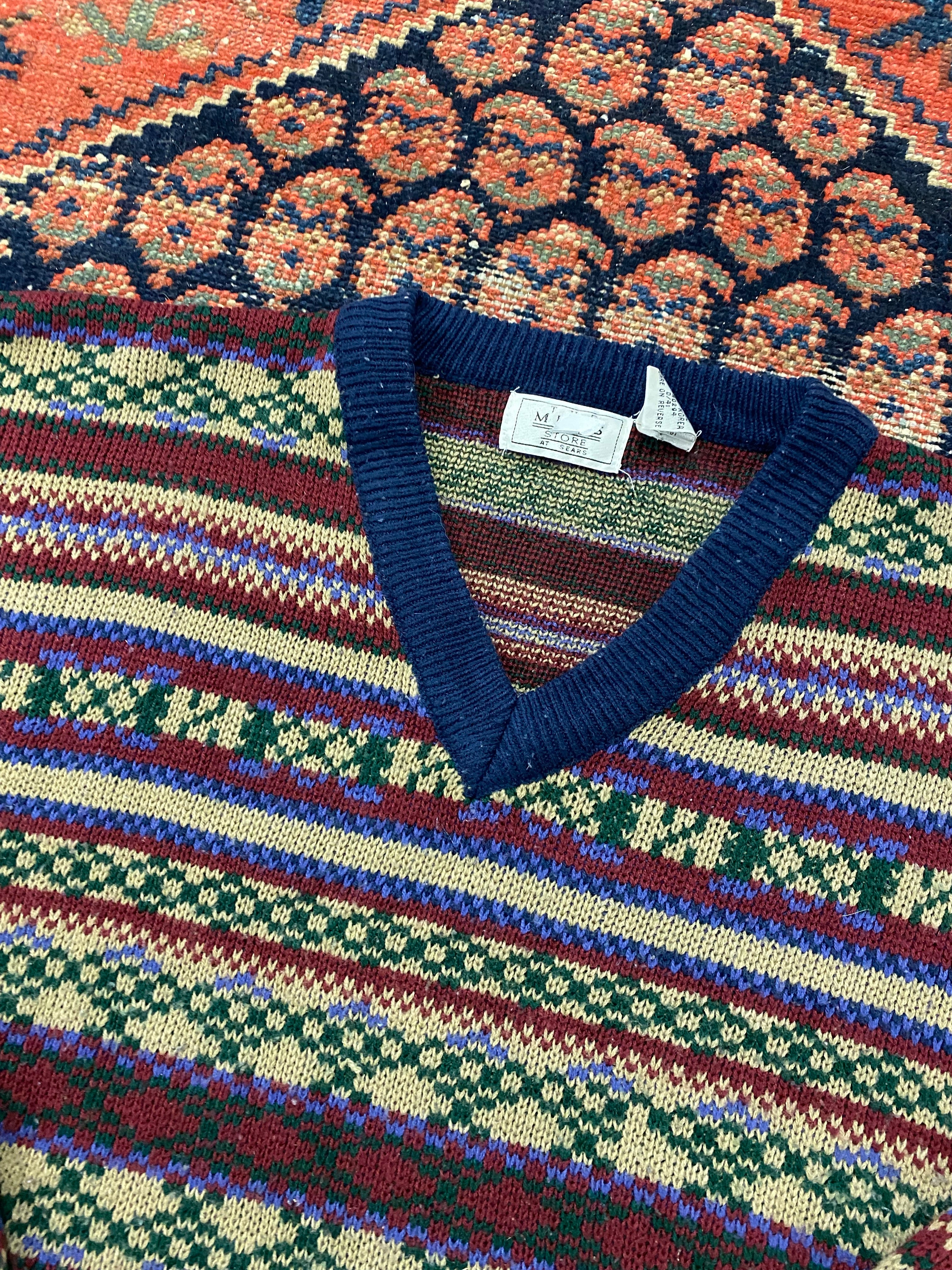 Vintage Patterned V Neck Knit - L