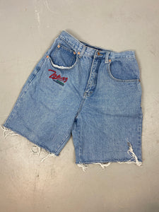 90s high waisted embroidered frayed denim shorts - 28in