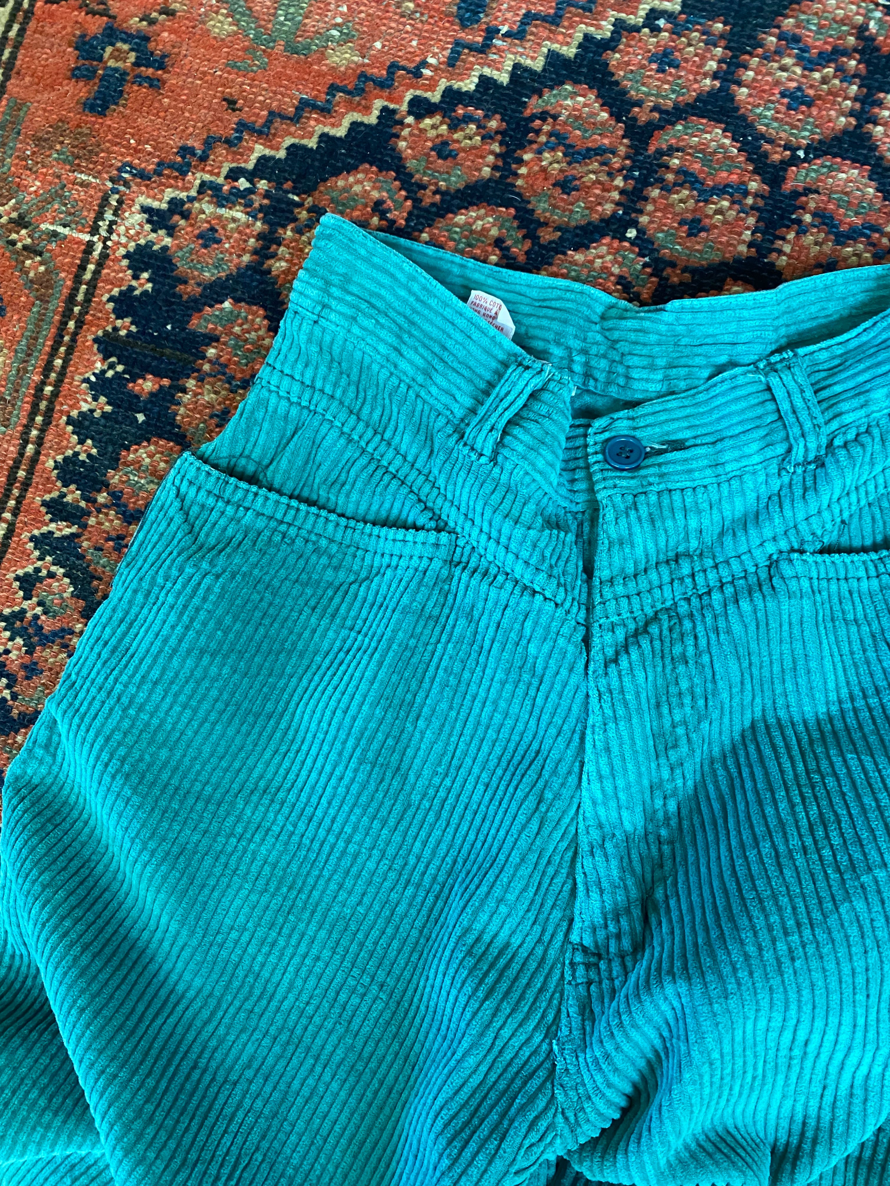 Vintage High Waisted Teal Corduroy Trousers - 25in