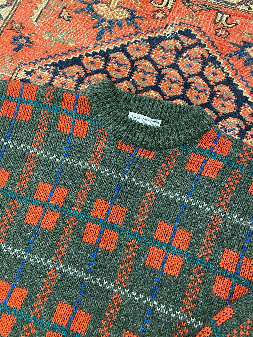 90s Patterned Plaid Knit Sweater - L