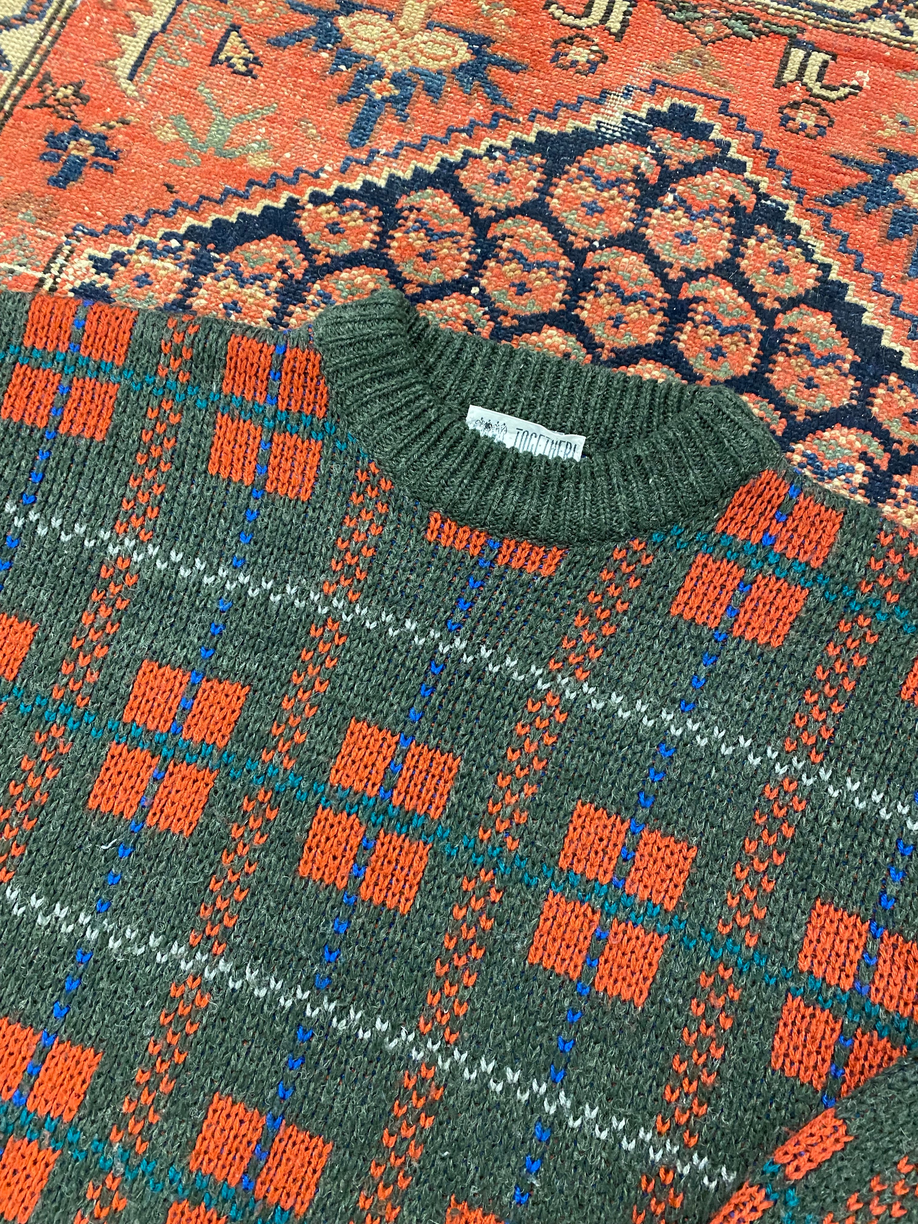 90s Patterned Plaid Knit Sweater - L
