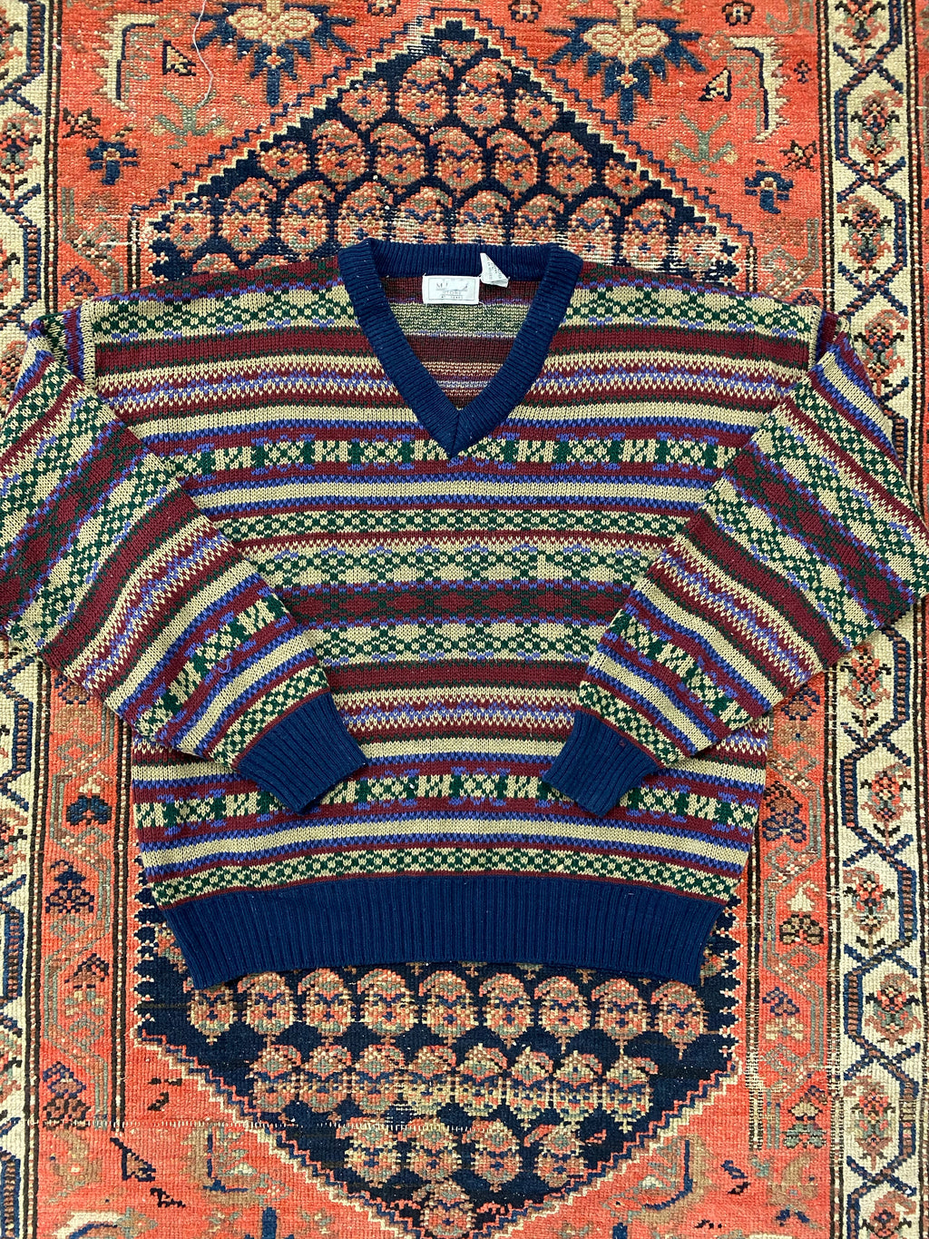 Vintage Patterned V Neck Knit - L