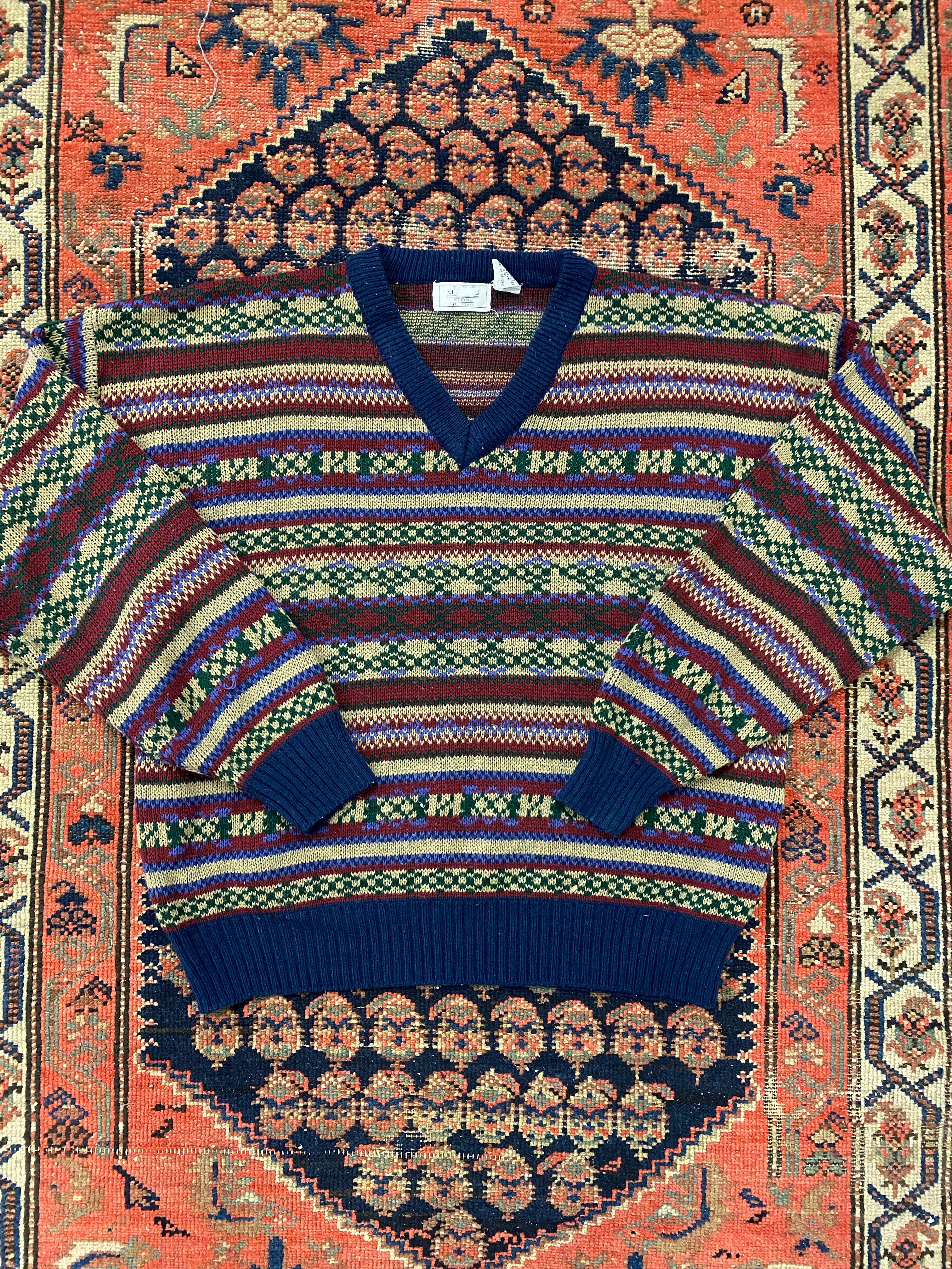 Vintage Patterned V Neck Knit - L
