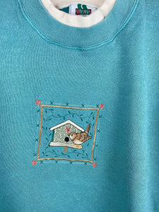 Embroidered bird house crewneck