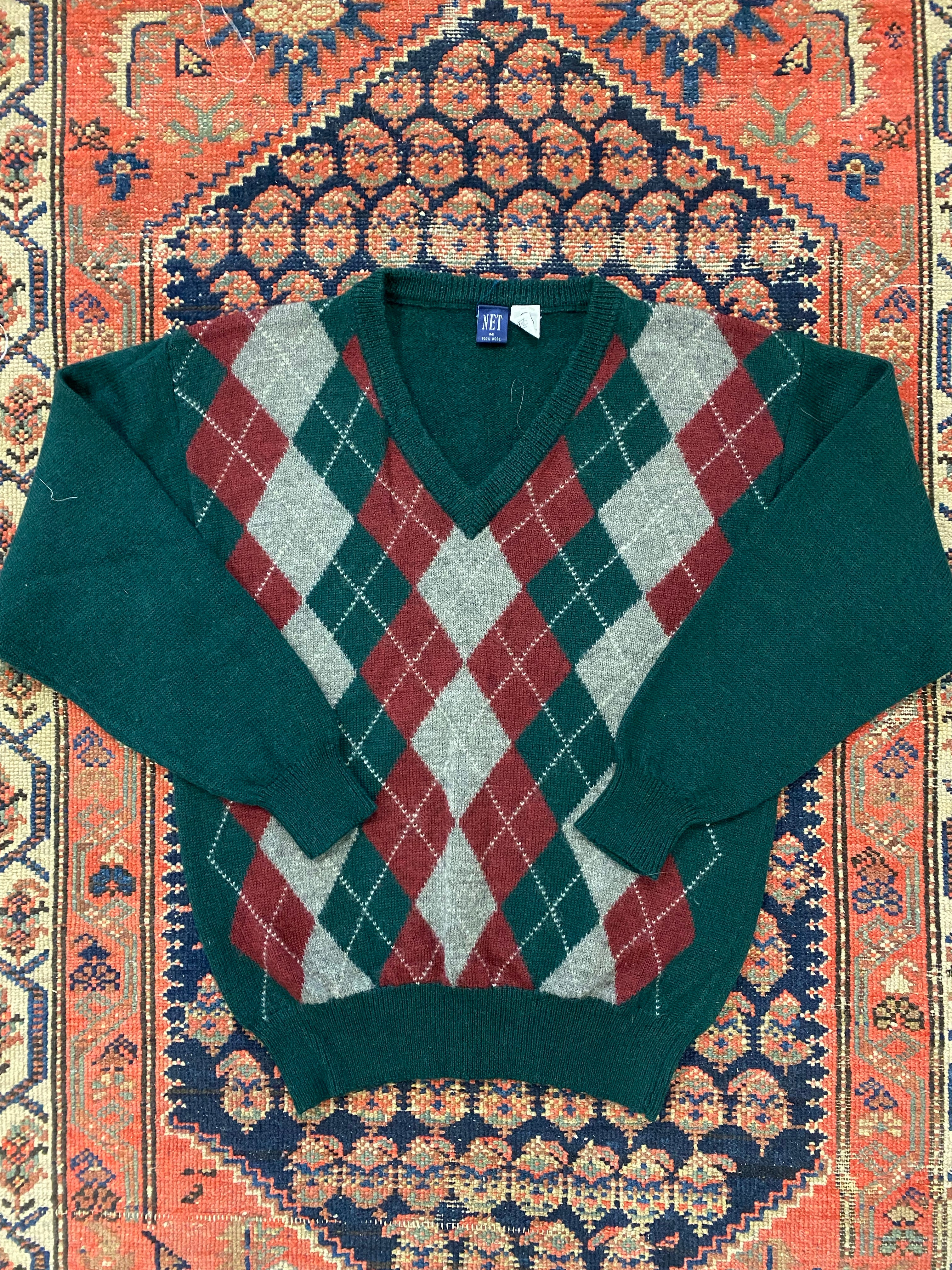 Vintage V Neck Knit Sweater - M
