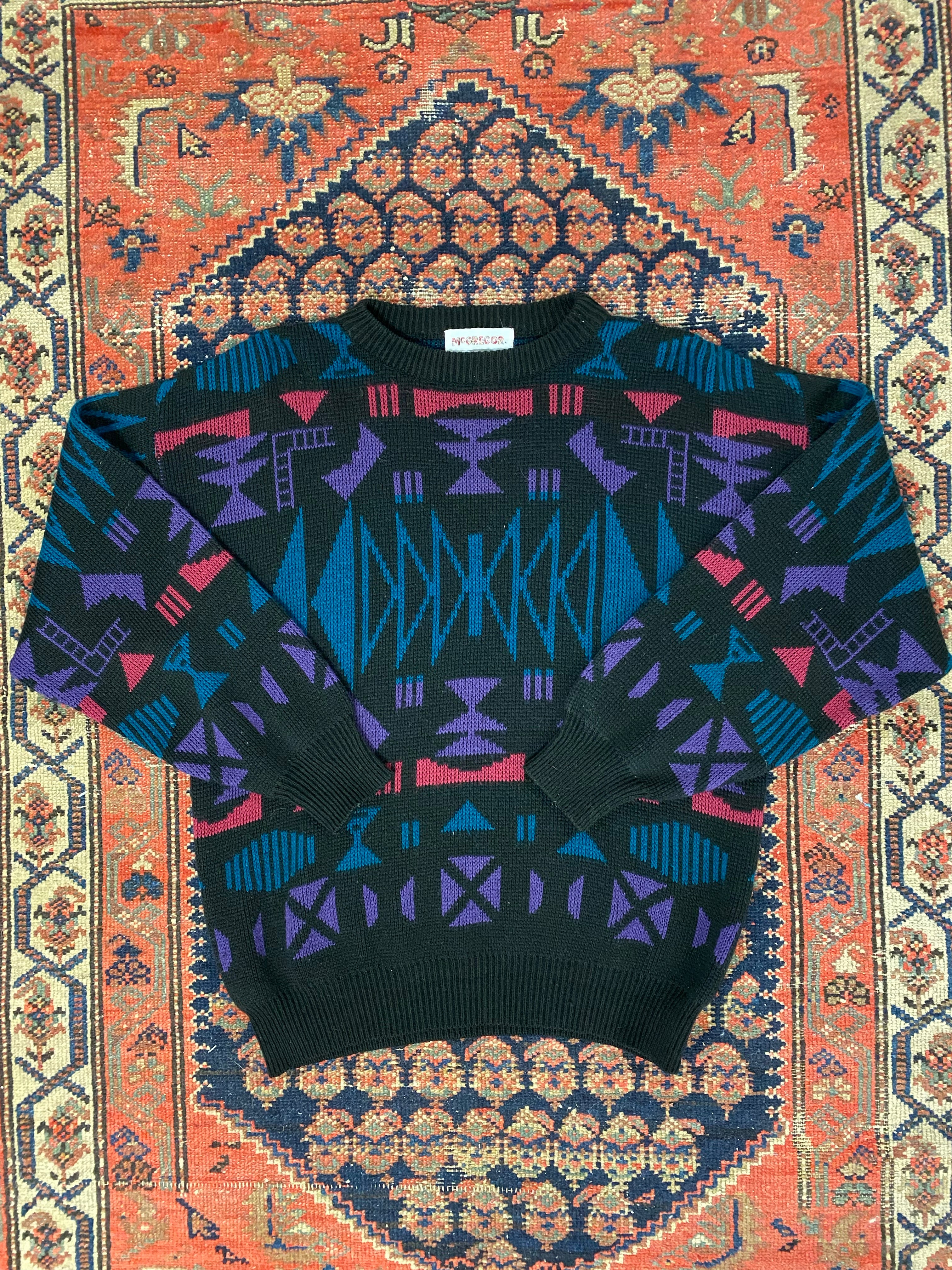 Vintage Patterned Knit Sweater - M