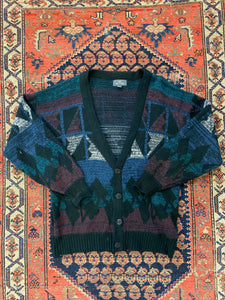 90s Patterned Knit Cardigan - L
