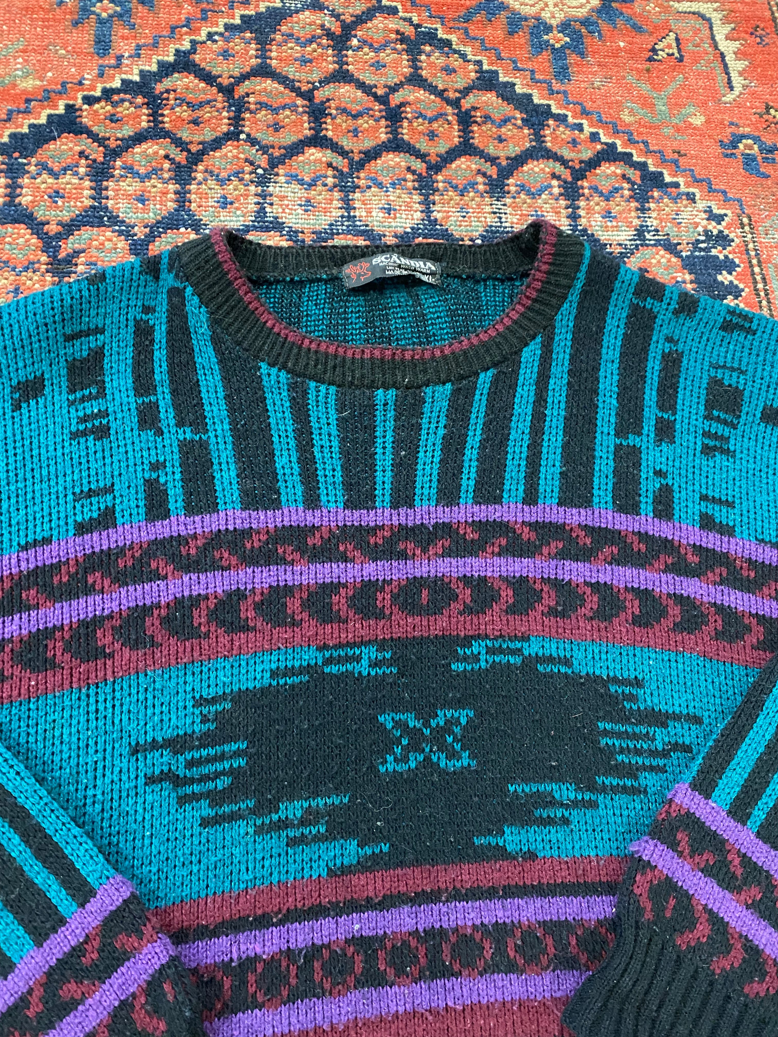 Vintage Patterned Knit Sweater - M